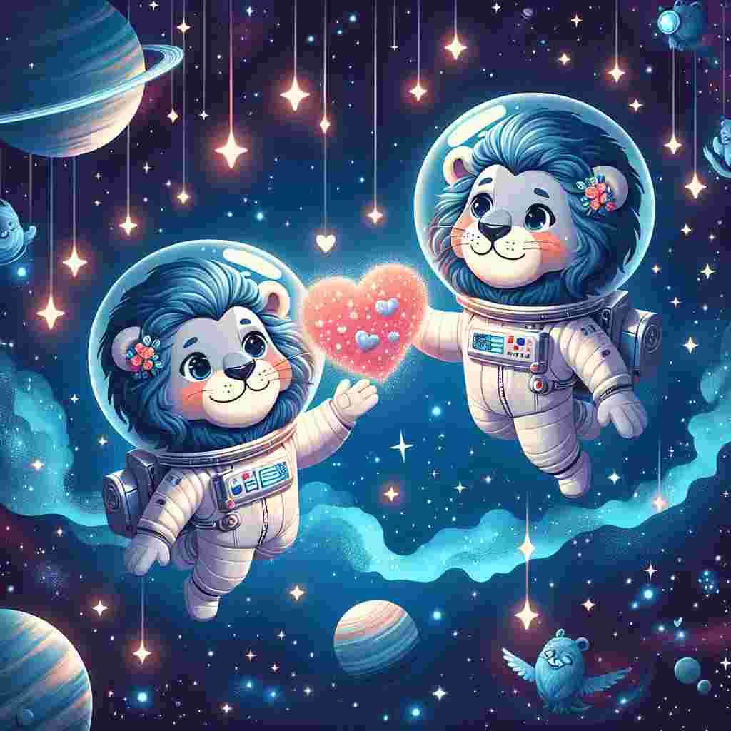 Imagine a charming Valentine's Day themed cartoon scene in space. It features two endearing lions in astronaut suits, floating amidst twinkling stars and remote planets in the universe. One lion, with a soft blue-tinted mane to set them apart, presents the other with an interstellar heart-shaped Valentine, serving as a representation of brotherly love. The space that surrounds them showcases heart-shaped constellations and a soothing blue nebula, creating a lovely and whimsical ambiance.
Generated with these themes: Lions, Space, Brother, and Blue.
Made with ❤️ by AI.