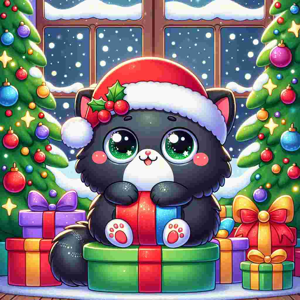 Create a heartwarming cartoon illustration of a round, cheerful, Santa-like figure cuddling a delightful, black feline with sparkling green eyes. This cat is decorated with a little festive red hat and is sitting comfortably amidst a stack of vibrant gifts under a shimmering Christmas tree adorned with shiny decorations and lights. Outside the window, snow is softly dropping, enhancing the festive mood of the scene.
.
Made with ❤️ by AI.