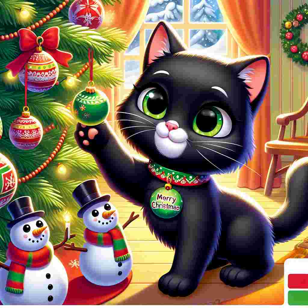 Visualize a tender Christmas cartoon featuring a playful black cat with bright green eyes and a regular build. It sports a festive collar coloured in hues of green and red, with a tiny bell attached. The cat is reaching out to interact with dangling ornaments on a beautifully embellished Christmas tree. Sharing this charming depiction is a genial snowman holding a 'Merry Christmas' banner. The room pulsates with the glow of warm lights, amplifying the sense of anticipation attached to holiday cheer.
.
Made with ❤️ by AI.