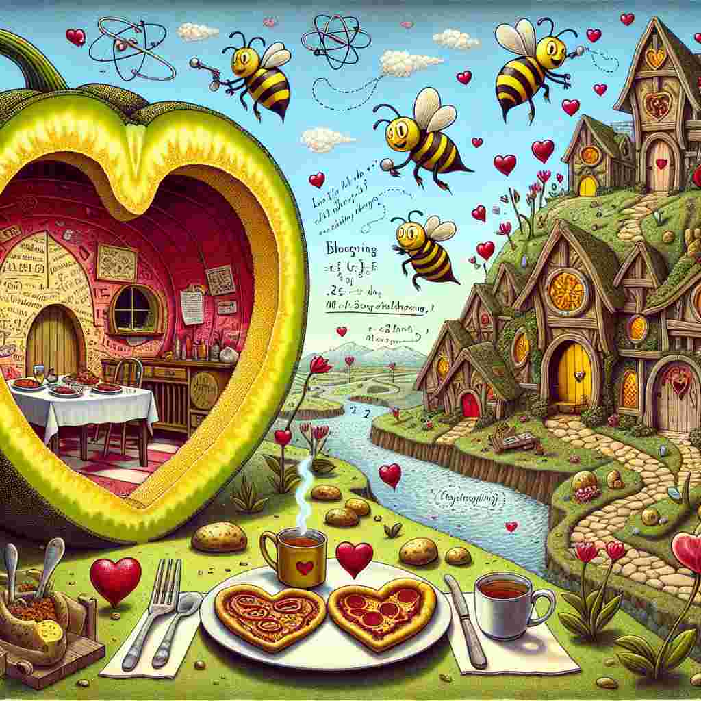 A whimsical Valentine's Day card unfolds, revealing a surreal, cartoonish landscape. The centerpiece is a giant hollowed-out gherkin, inside of which a cozy dinner for two is set, featuring heart-shaped potatoes on the plates. Bees with Cupid wings buzz around, pollinating flowers that bloom into amorous messages. A fantastical replication of a hobbit-like village dominates the background. The houses have heart-shaped doorways and the sky is filled with depictions of mathematical equations and atomic symbols, symbolizing science. A river of tea gently flows by, leading to a towering structure shaped like a pizza, adorned with pepperoni shingles and stretchy cheese depicted opening the door. The scene also hosts a retro-styled TV set broadcasting a silent film of miscellaneous cartoon couples raising a toast with teacups to the viewer.
Generated with these themes: Gherkin, Potatoes, Bees, Hobbiton, Science, Tea, Pizza, and Tv.
Made with ❤️ by AI.