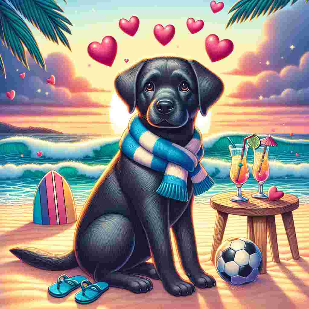 Create a whimsical Valentine's Day illustration with a charming black Labrador sitting on a sandy beach, its tail wagging in excitement. The dog is wearing a blue and white scarf, the colors symbolizing a football club. A soccer ball is kept near its paws, telling the story of a playful match that occurred before. Visible in the background is the surf crashing against the shore, with a surfboard waiting for the next adventure. The sky beautifully blends into the hues of the setting sun, casting a warm, romantic glow. Hearts are floating in the air, unifying the romantic theme of the illustration. In the foreground, a small table is set up with two margarita cocktails, emphasizing a relaxed ambiance. A small radio appears to play soft techno beats, putting a modern twist to the scene that also spotlights a classic disco ball reflecting the remaining daylight, sprinkling a ray of playful sparkle throughout.
Generated with these themes: Black Labrador, Soccer, Beach, Surfing, Margarita cocktail , Ipswich town football club , Techno music , and Disco.
Made with ❤️ by AI.