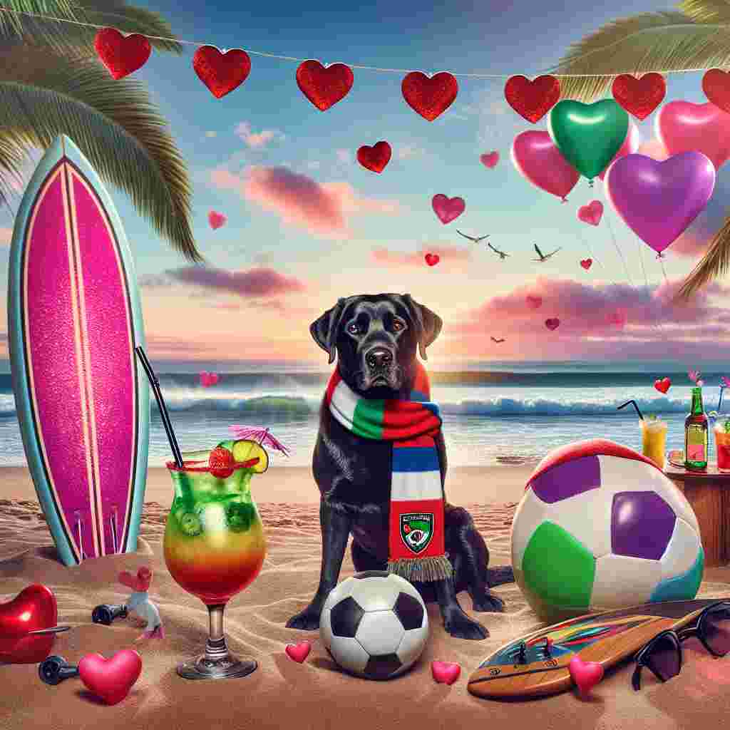 Picture a charming Valentine's Day scene on a beach. Focus on a black Labrador, wearing a scarf representing the colors of a fictional football club, unable to decide between a nearby soccer ball and the enticing surfable waves. Adjacent to the dog, a colorful surfboard is leaned against a palm tree. The sky above is dotted with heart-shaped balloons, adding to the love-drenched atmosphere. Off to the side, a spontaneous beach disco enhances the mood, featuring a shiny disco ball hung from a tree, and the distant muffled beats of techno music set the tone. A pop-up bar on the beach displays a tempting margarita cocktail, topped with a miniature heart. This eclectic mix presents a uniquely romantic atmosphere that intertwines sporty and musical elements.
Generated with these themes: Black Labrador, Soccer, Beach, Surfing, Margarita cocktail , Ipswich town football club , Techno music , and Disco.
Made with ❤️ by AI.
