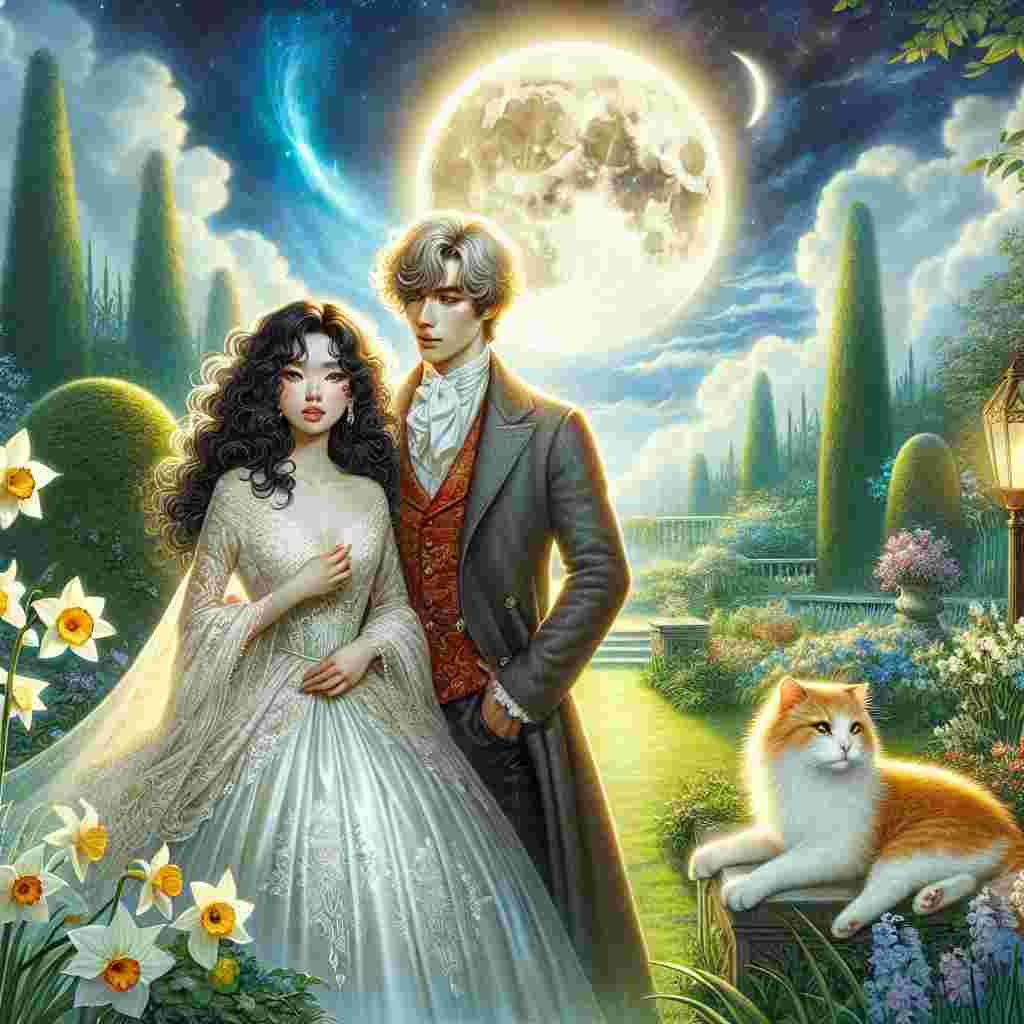 Depict a stunning garden scene set during a mystical wedding where the sun and moon reside peacefully side by side in the sky, signifying the harmonious blending of two souls. Prominently in the center, illustrate an Asian bride with dark curls decorating her face, standing beside a Caucasian groom with light hair shimmering under the celestial light. A ginger and white feline is stretched out leisurely near them. The air is brimming with the intoxicating aroma of daffodils, while the gentle whisper of the verdant surroundings completes this perfect vision.
Generated with these themes: Sun and moon, Dark curly haired bride, Long haired blonde groom , Ginger and white cat , Daffodils , and Garden wedding .
Made with ❤️ by AI.