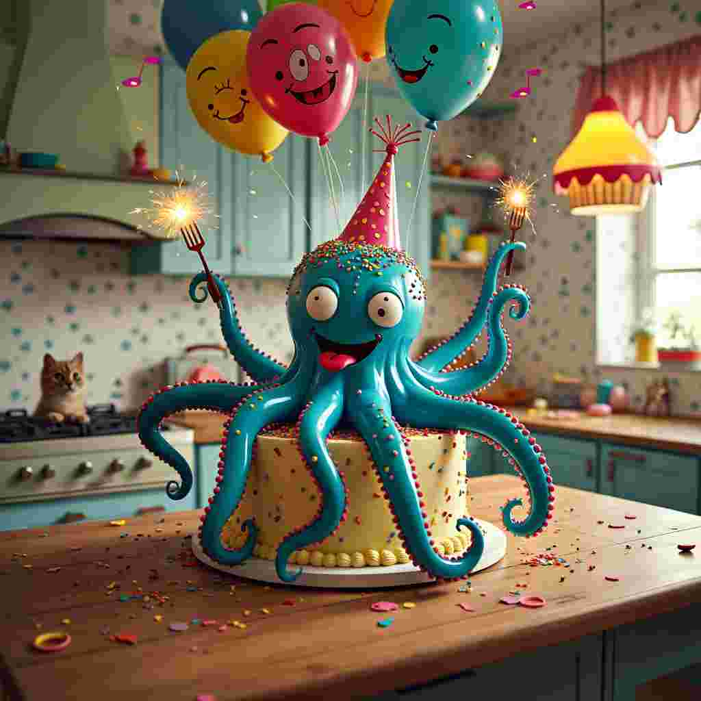 Imagine a bustling kitchen with an oversized birthday cake shaped like a cheerful octopus taking center stage on a wide, wooden countertop. The cake's eight tentacles, made of swirling, brightly colored fondant, stretch out playfully in different directions. Each tentacle ends in a different activity: one holding a sparkler, another draped with a banner that reads "Happy Birthday!", and another clutching a fork ready to dig into itself. The octopus's body is a gradient of blues and purples, with wide, friendly eyes made of candy that seem to twinkle mischievously.

Above the cake, a group of birthday balloons floats happily, but they are not just any balloons. Each one has a face drawn on it, giving the impression that they are excited party guests. There is a green balloon with a goofy grin, a red one sticking out its tongue, and a blue one wearing a tiny paper hat. The strings of the balloons are tied to the tentacles, adding to the sense of lively chaos.

On the left side of the countertop, there's an open drawer with a playful cat peeking out, eyes wide and curious, clearly tempted by the dangling strings of the balloons. The background features a wall covered in a whimsical wallpaper pattern of tiny birthday cakes and balloons, adding a sense of festivity. The scene is illuminated by a soft, golden light coming from an overhead lamp shaped like a giant cupcake, complete with a cherry on top.

On the right, there is a retro-style radio sitting on the counter, with musical notes floating out of it, suggesting that a cheerful birthday tune is playing. A few scattered confetti pieces and streamers are sprawled across the countertop, indicating that the party is in full swing. Every element of the scene brims with playful detail and vibrant color, creating a dynamic and engaging visual story.
Generated with these themes: Birthday cake, and Birthday ballon.
Made with ❤️ by AI.