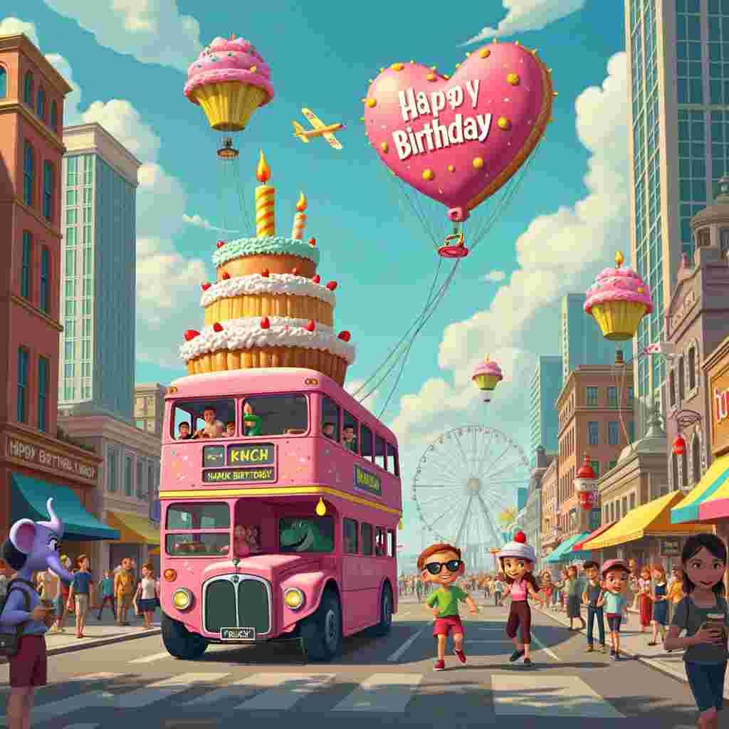 Alright, here’s a wildly imaginative and detailed scene for your quirky birthday greeting card:

Imagine a bustling cityscape on a bright, sunny day, but with a whimsical twist: towering, cake-shaped skyscrapers with icing windows and cherry-topped roofs dominate the skyline. In the foreground, a gigantic birthday cake, complete with vibrant rainbow layers, is perched atop a classic double-decker bus that’s making its way through the streets. The bus is decorated with multicolored sprinkles and candy-cane railings, with passengers happily peeking out of frosting-framed windows.

Floating above this surreal urban setting are enormous birthday balloons, each one shaped like a different animal: a purple elephant, a green dinosaur, and a pink unicorn, all with exaggerated cartoon features. The balloons are tethered to the ground by strings attached to whimsical lamp posts shaped like candles, with glowing flame-shaped bulbs.

On the sidewalk, people of all ages and styles are gathered around street vendors selling cupcake hats and lollipop sunglasses. One vendor is pushing a cart that’s actually a giant, rolling cupcake, complete with frosting and a single, oversized birthday candle sticking out of it. Kids with ice cream cones and adults with coffee cups watch in delight as a parade of costumed characters dressed as slices of birthday cake, complete with candles on their heads, marches down the street.

Overhead, a skywriter plane trails puffy white letters that spell out “Happy Birthday!” across a clear blue sky. In the distance, you can spot a Ferris wheel made entirely of donuts, its seats filled with cheerful passengers waving colorful flags.

This card front cover scene is an explosion of creativity, with every inch packed with delightful and quirky details that celebrate the joy and whimsy of birthdays in a fantastically imaginative way.
Generated with these themes: Birthday cake, and Birthday ballon.
Made with ❤️ by AI.