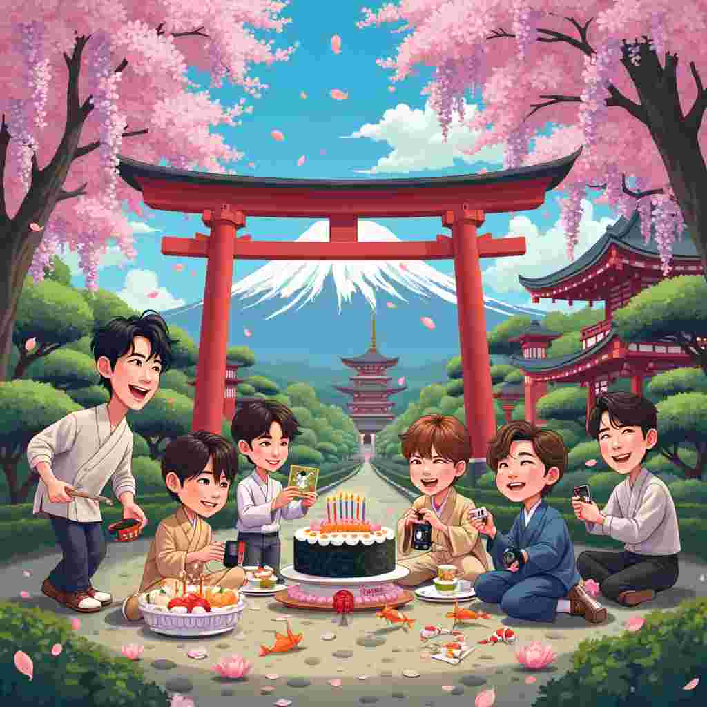 In the vibrant and whimsical scene, picture a bustling Japanese garden adorned with lush greenery and pink cherry blossom trees in full bloom, their petals gently falling like confetti. In the center of the garden stands a picturesque red torii gate, partially covered in climbing wisteria with its cascading purple flowers. 

Underneath the cherry blossoms, the seven members of BTS are depicted with exaggerated, humorous caricatured expressions, each involved in a playful birthday activity. Jin, with his signature broad smile, is holding a giant sushi roll as if it were a birthday cake, topped with candles shaped like tiny cherry blossoms. Jimin, in traditional Japanese attire, is attempting to whack a piñata that resembles a samurai helmet, while V captures the scene with a polaroid camera, the instant photo flying out to the side. 

RM is seated on a low table set for a tea ceremony, pouring green tea into tiny cups shaped like lotus flowers, but his clumsy hands cause the tea to splash everywhere, much to the amusement of Suga, who sits nearby, laughing with a mischievous twinkle in his eye. Jungkook, ever the mischievous one, is hiding behind a large bonsai tree, ready to leap out with a bunch of colorful balloons. Lastly, J-Hope is mid-air in a joyous leap, surrounded by a swirl of origami cranes and cherry blossom petals, capturing his energetic spirit.

Behind them, a traditional Japanese pagoda rises in the background, with Mount Fuji’s snow-capped peak visible in the far distance under a clear blue sky. Scattered around are various Japanese elements such as koi fish ponds with the fish leaping out, decorative lanterns hanging from branches, and a Zen rock garden meticulously raked into intricate patterns.

This detailed and vibrant scene blends the themes of Japan, cherry blossoms, and BTS into a joyful and humorous birthday celebration, brimming with delightful and quirky details.
Generated with these themes: Japan, Cherry blossom, and BTS.
Made with ❤️ by AI.