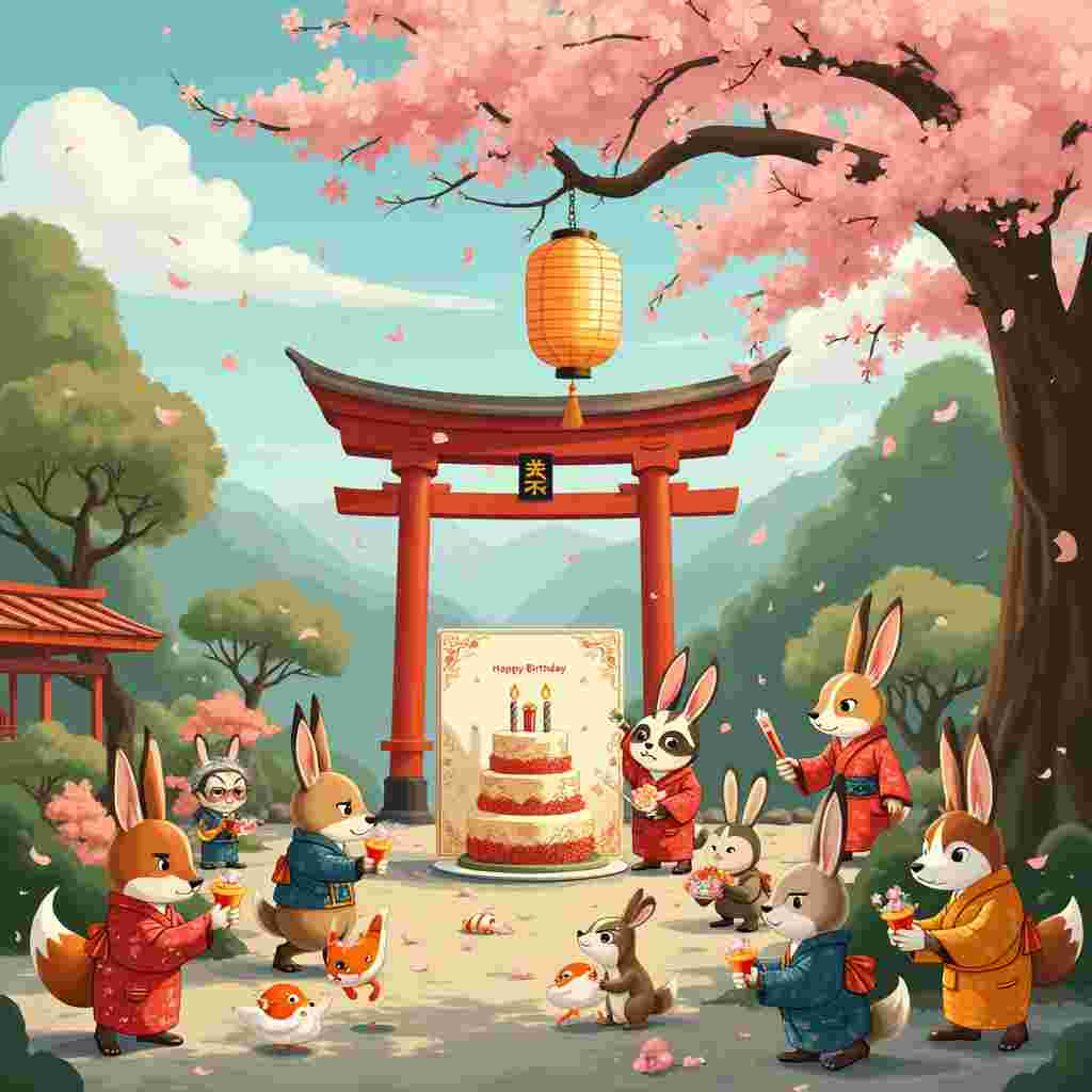 Imagine a whimsical birthday celebration set in a picturesque Japanese garden during peak cherry blossom season. At the heart of this scene is a traditional red Torii gate, standing tall and proud, draped in delicate pink cherry blossom petals that drift lazily in the breeze. Beneath this gate, a lively gathering is taking place: a motley crew of adorable anthropomorphic animals, each dressed in traditional Japanese kimonos, are joyfully celebrating a birthday.

To the left, there is a small, serene koi pond with vibrant orange and white fish gliding gracefully through the water, which reflects the blossoms overhead. A family of tanuki (raccoon dogs) is gathered around the pond, one holding a miniature birthday cake adorned with pink cherry blossoms, while others are waving miniature BTS light sticks, emitting tiny beams of colorful light.

On the right, a group of playful rabbits are engaged in a lively dance, inspired by BTS choreography, their long ears and kimono sleeves flapping in sync. One rabbit is mid-leap, striking a pose reminiscent of Jimin from BTS, while another is playing a taiko drum adorned with the BTS logo.

In the center of the scene, a giant birthday card is propped open against a cherry tree. The card features a whimsical drawing of BTS members, illustrated in a style that blends the influences of Beatrix Potter's charming characters and Maurice Sendak’s imaginative flair. Each member of BTS is depicted as a cute animal character, participating in the festivities - Jin as a wise fox, RM as a contemplative owl, Suga as a sleek cat, J-Hope as a joyful crane, Jimin as a graceful deer, V as a curious tanuki, and Jungkook as an energetic rabbit.

Above this lively scene, a traditional Japanese paper lantern hangs from a cherry blossom branch, illuminating the celebration with a warm, golden glow. The lantern bears the words "Happy Birthday" written in elegant, calligraphic script.

This scene captures the playful and imaginative spirit of a birthday celebration, seamlessly blending Japanese cultural elements with the vibrant energy of BTS, all set against the enchanting backdrop of cherry blossoms in full bloom.
Generated with these themes: Japan, Cherry blossom, and BTS.
Made with ❤️ by AI.