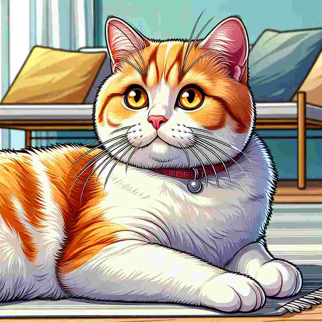 Generate a delightful cartoon image where an orange and white adult Domestic Shorthair Cat of normal build is the centerpiece. The cat's vivid yellow eyes are gleaming with intelligence, suggesting its sharp wit. This scene showcases the cat's impeccably groomed fur and its casual elegance. The cat lounges gracefully, emanating a level of charm that invites smiles and adoration from all who gaze upon it.
.
Made with ❤️ by AI.