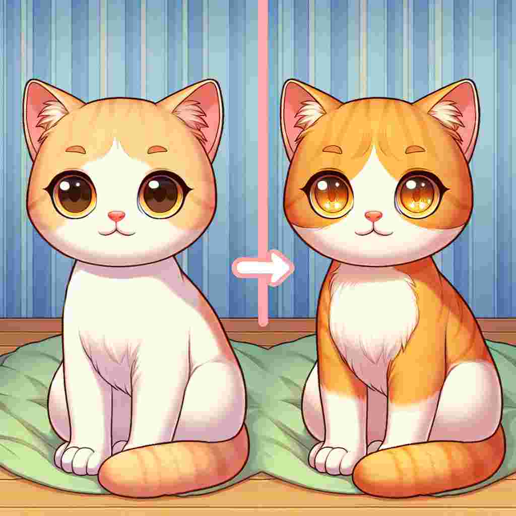 Generate an illustrated image portraying a charming cartoon scene with a normal-built Adult Domestic Shorthair Cat. The cat has a glossy orange and white coat exuding warmth and playfulness. Its bright yellow eyes sparkle with curiosity as it sits neatly, exuding a friendly aura that invites onlookers closer for a whimsical interaction.
.
Made with ❤️ by AI.