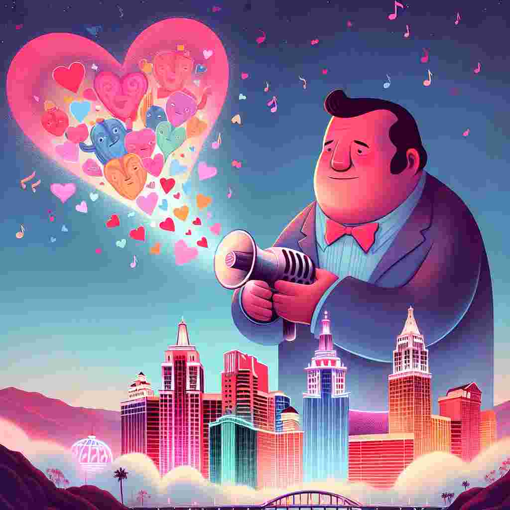 In a whimsical Valentine's Day illustration, a large man with typical features of a football coach floats above a dreamlike skyline of a city famous for its casinos, on a giant, heart-shaped balloon. Each casino below is shaped like a different character from a famous British rock band from the 1960s, vibrantly lighting up the city with hues of pink and red. In the man's hands, he tenderly holds a megaphone from which musical notes and colorful hearts pour down, serenading the city with a magical love song.
Generated with these themes: Jurgen Klopp , The Beatles , and Las Vegas.
Made with ❤️ by AI.
