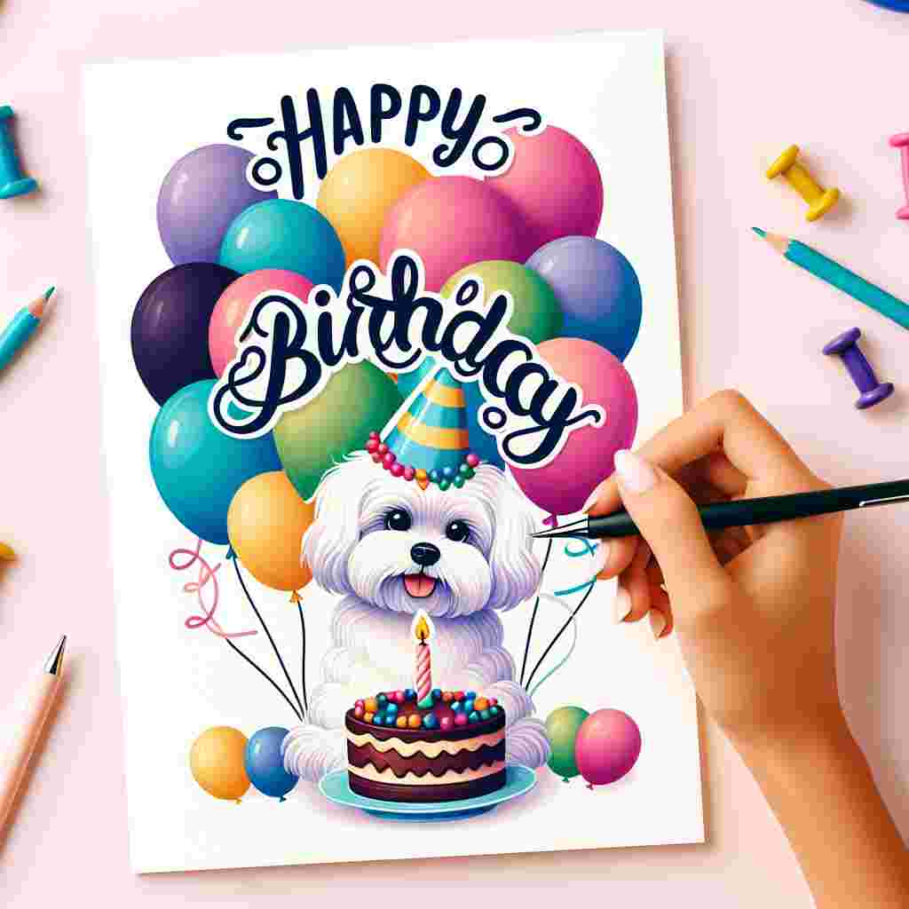 A cheerful birthday card showcasing a fluffy Maltese dog wearing a party hat, centered amidst colorful balloons and a cake with a single candle. Above the scene, the words 'Happy Birthday' are scrawled in a playful, bubbly font.
Generated with these themes: Maltese  .
Made with ❤️ by AI.