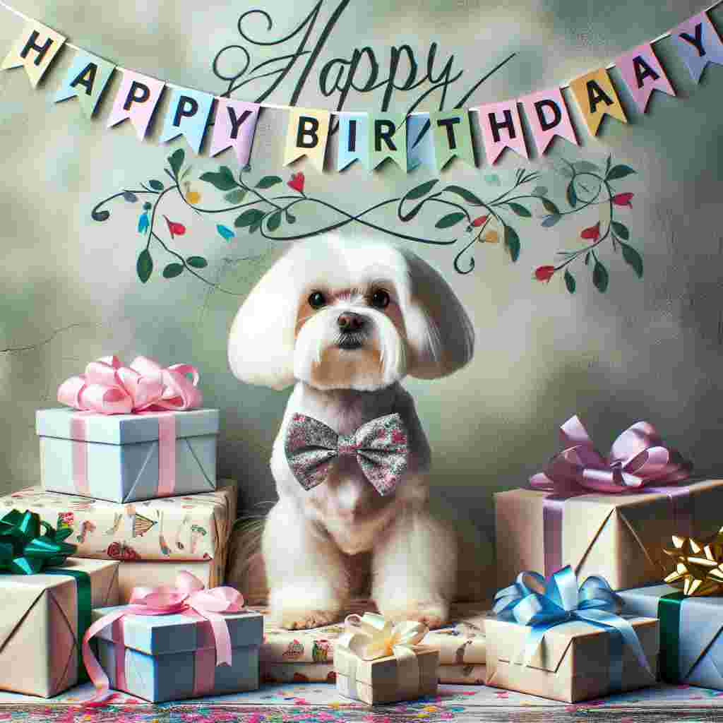 The illustration depicts a Maltese dog with a cute bow tie sitting next to a pile of presents. Behind it, a wall decorated with streamers and the phrase 'Happy Birthday' written in elegant cursive letters draws the eye.
Generated with these themes: Maltese  .
Made with ❤️ by AI.