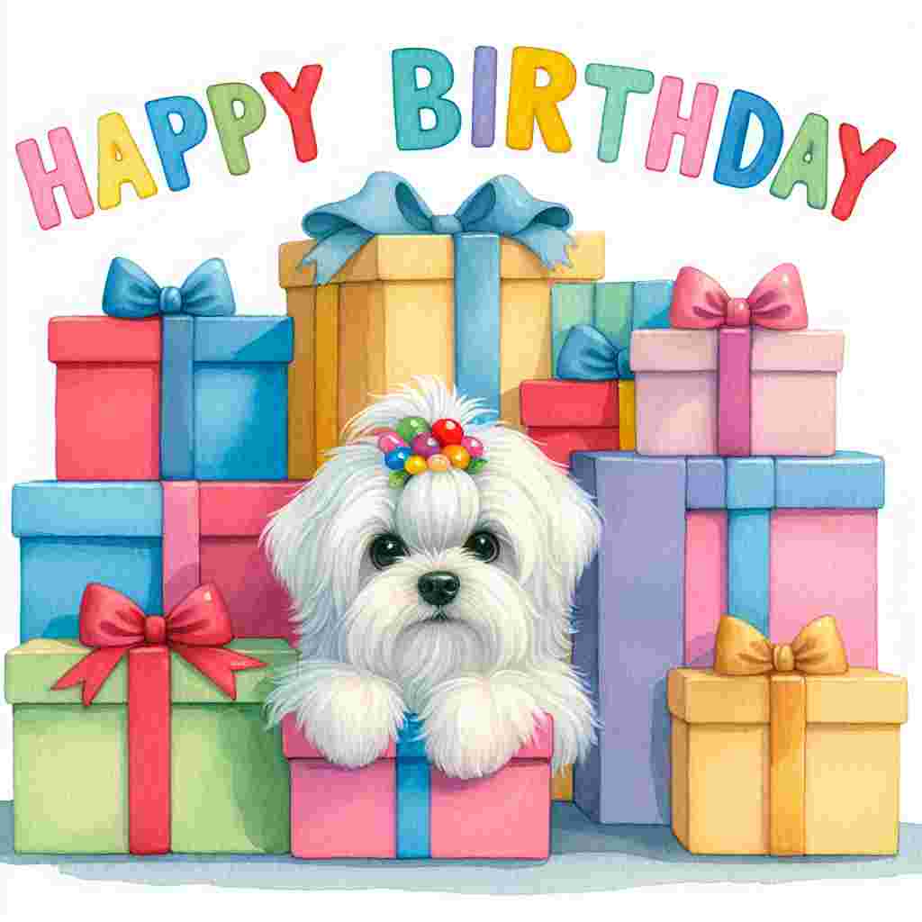A quaint watercolor illustration of a Maltese dog peeking out from behind a mountain of brightly-colored gift boxes. The 'Happy Birthday' message is playfully integrated into the design, with each letter perched on top of different boxes in various fonts.
Generated with these themes: Maltese  .
Made with ❤️ by AI.