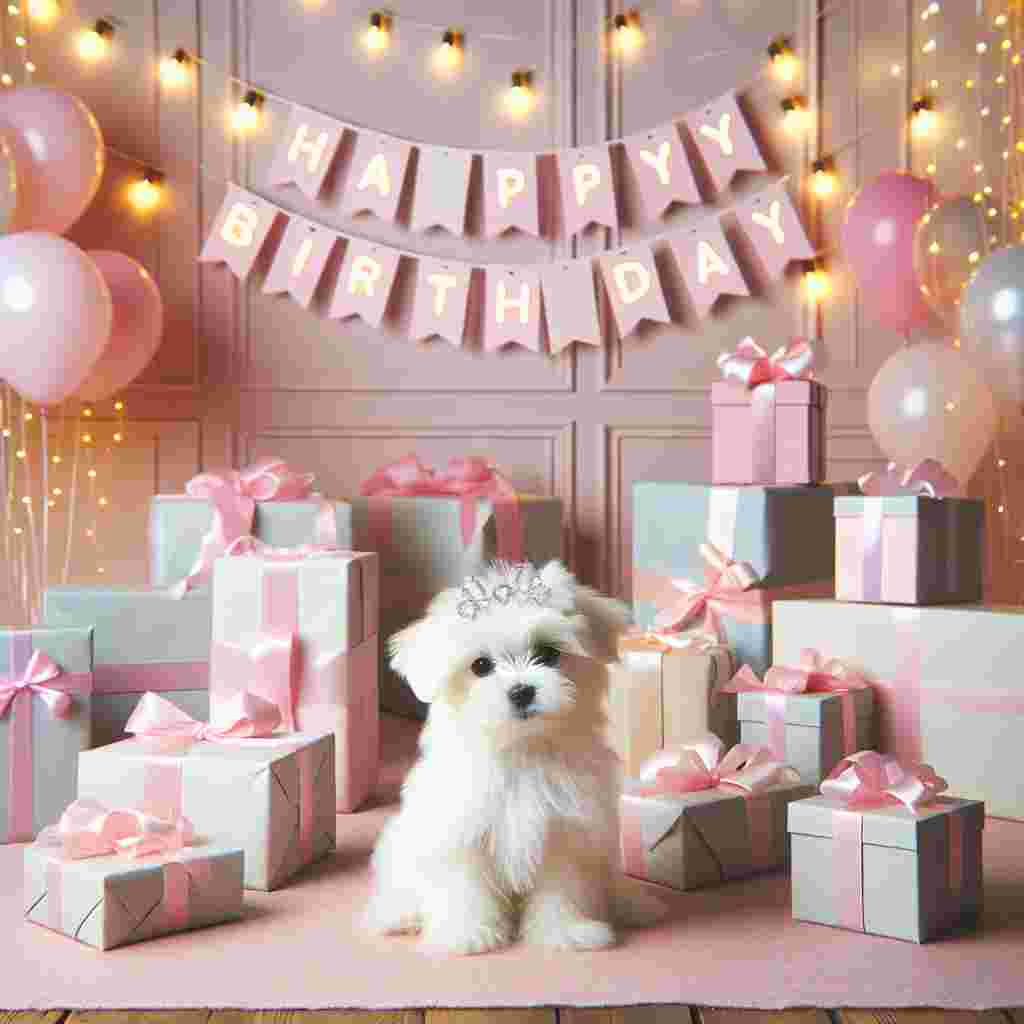 An adorable scene where a Maltese puppy sits in the middle of a pastel-colored birthday party room, surrounded by wrapped gifts. A 'Happy Birthday' banner stretches above, with each letter hanging from a string of twinkling fairy lights.
Generated with these themes: Maltese  .
Made with ❤️ by AI.