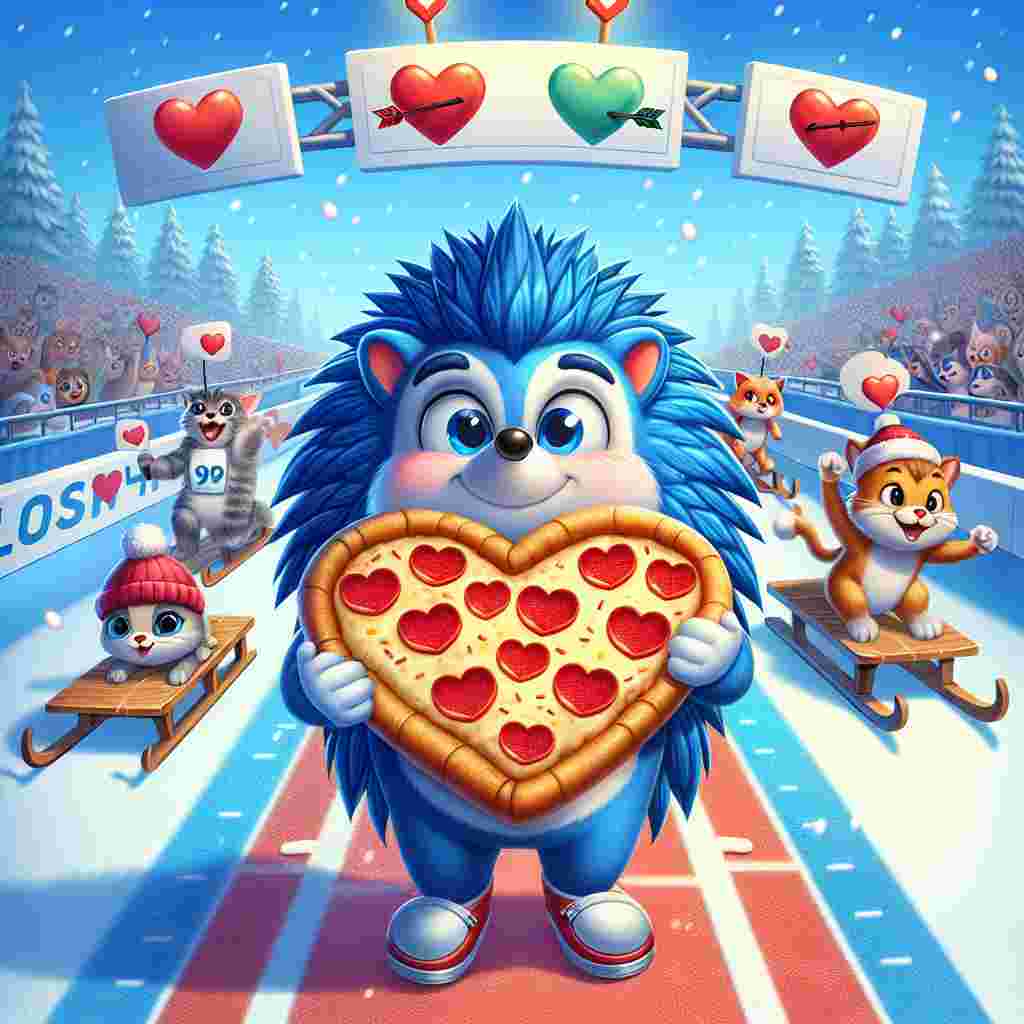 In the first interpretation, a charming blue hedgehog carrying a heart-shaped pizza is depicted standing at the finish line of a strenuous three-sport race. The atmosphere is reminiscent of the day dedicated to love, with adorable felines in the viewership cheering him on. In the backdrop, characters joyously participate in a thrilling sled competition down a track adorned with hearts and the arrows of the mythological god of love.
Generated with these themes: Sonic the hedgehog , Pizza, Luge, Triathlon race, and Cats.
Made with ❤️ by AI.