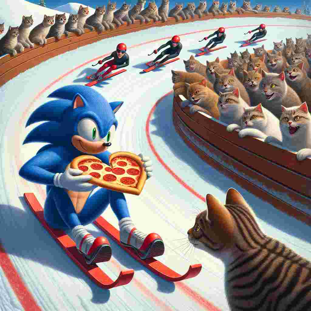 A version of the image showcases a swift, blue anthropomorphic hedgehog sharing a slice of pizza with captivated felines at a Valentine's Day-themed triathlon race. Onlookers are captivated by the scene as competitors whizz past on a toboggan track formed like a circular loop, mirroring the famed paths of the well-known fast hedgehog. The entire scene is brimming with affection, with symbolism of a heart ingeniously incorporated into the racing gear and the hedgehog's romantic gestures.
Generated with these themes: Sonic the hedgehog , Pizza, Luge, Triathlon race, and Cats.
Made with ❤️ by AI.