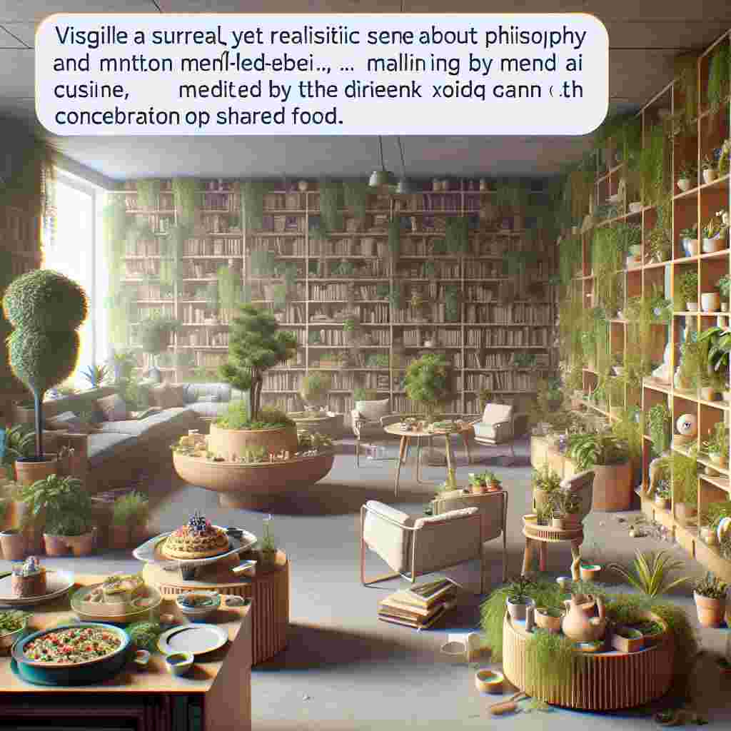 Visualize a surreal yet realistic birthday scene situated in an eco-modern lounge, where conversations about philosophy and mental well-being, mediated by an AI, mingle with the celebration of shared food. The aroma of basil and thyme wafts from a Greek cuisine buffet, adding another distinctive layer to the ambiance. Houseplants overflow from their perches upon bookshelves and side tables, as though attempting to reclaim the room. Each corner showcases an exceptional sense of interior design, seamlessly integrating natural and man-made elements. The space encourages guests to appreciate the interplay of growth and connection within this captivating haven of houseplants.
Generated with these themes: Therapy, Houseplants, ChatGPT, Greek Food, and Interior Decorating.
Made with ❤️ by AI.