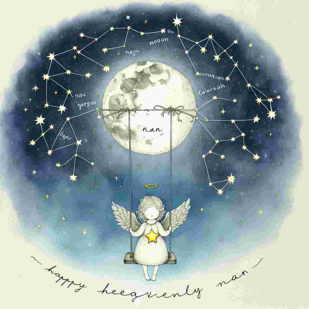 A whimsical illustration set in a starry night sky, where a moon swing hangs from a celestial thread. On the swing, a cute angelic figure holds a star that twinkles with the words 'Happy Heavenly Nan.' The constellation above forms the greeting 'Happy Birthday' amidst the twinkling stars.
Generated with these themes: happy heavenly  nan.
Made with ❤️ by AI.