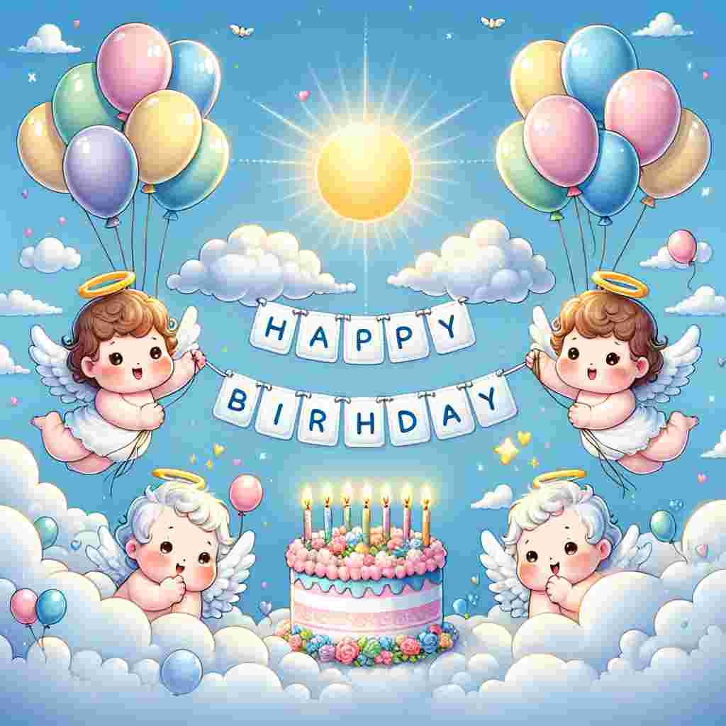 A cheerful birthday card illustration featuring fluffy clouds and a bright sun, with little cherubs holding a banner reading 'Happy Heavenly Nan.' Amidst the clouds are colorful balloons and a cake with lit candles, with the text 'Happy Birthday' elegantly scripted in the sky.
Generated with these themes: happy heavenly  nan.
Made with ❤️ by AI.