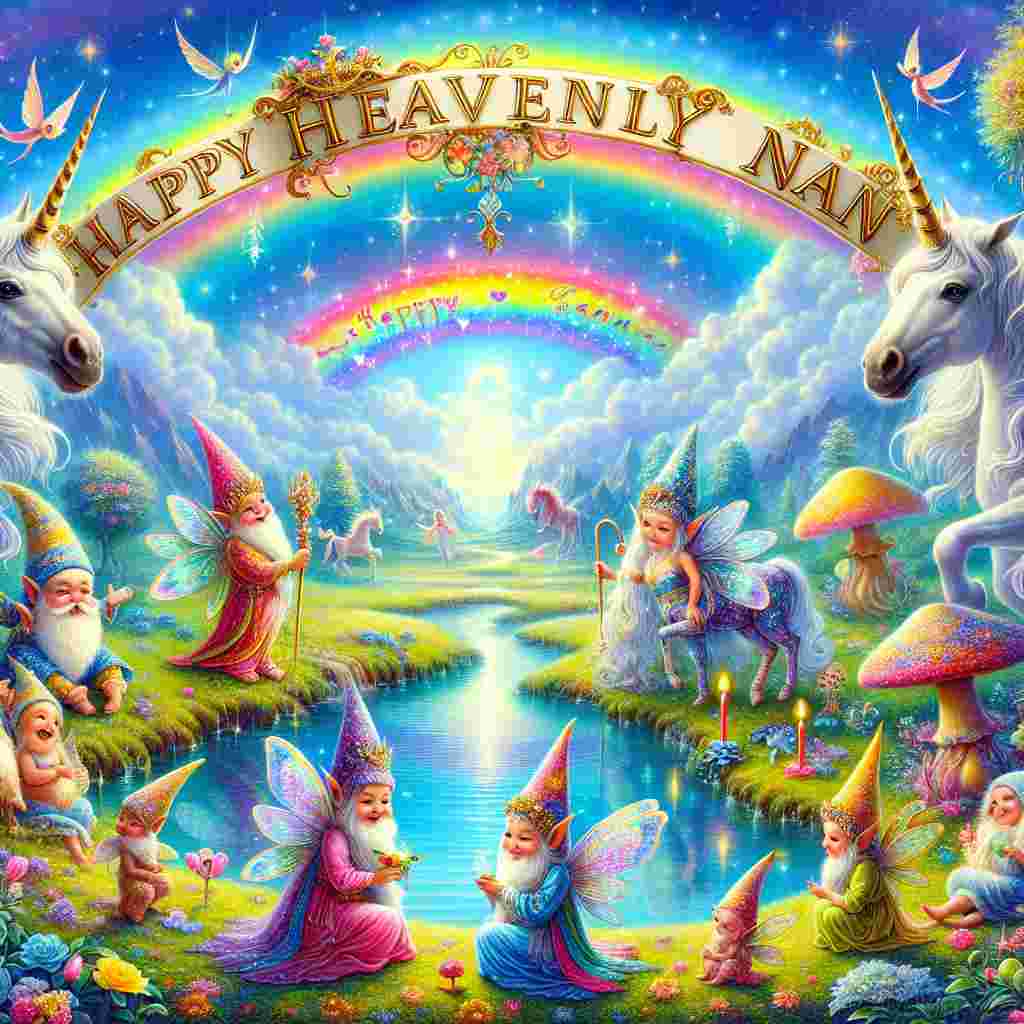 A charming fantasy landscape where mystical creatures gather around a sparkling pond. Overhead, a rainbow arcs across the sky with the message 'Happy Heavenly Nan' written along its curve. In the foreground, a banner held by two frolicking unicorns reads 'Happy Birthday.'
Generated with these themes: happy heavenly  nan.
Made with ❤️ by AI.