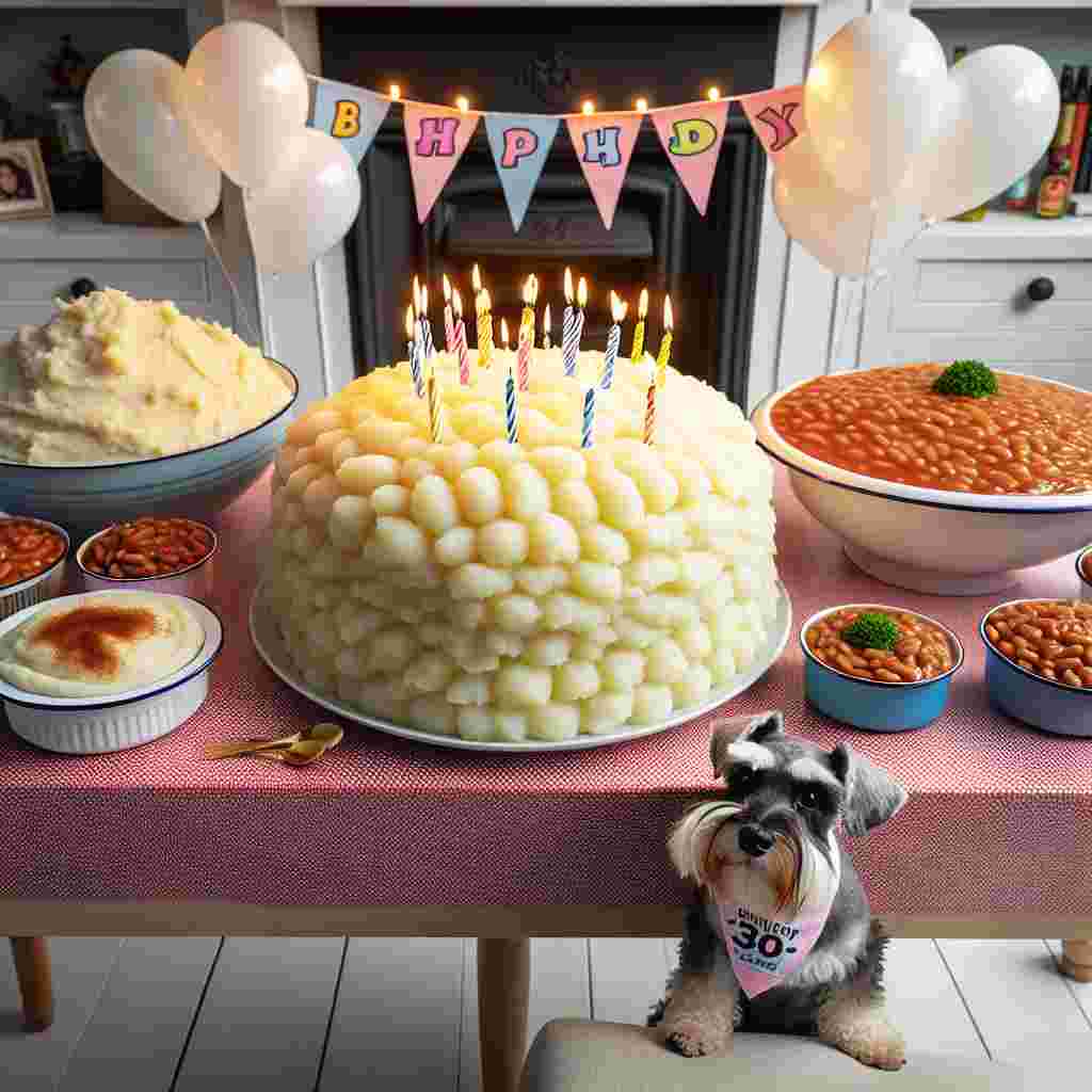 Imagine a quirky birthday bash featuring an array of delightfully odd culinary choices. In the center of the buffet table, a heaping pile of creamy, fluffy mashed potatoes replaces the traditional birthday cake, with candles glinting amidst its soft, white surface. Beside it, bowls of richly prepared baked beans are adorned with miniature flags and balloons adding an odd yet enchanting touch to their usual simplicity. A Mini Schnauzer dog wanders around the party area, sporting a custom-made birthday bandana, patiently waiting for the inevitable fallen morsels from this uniquely appealing feast.
Generated with these themes: Baked beans, Mashed potatoes , and Mini Schnauzer .
Made with ❤️ by AI.