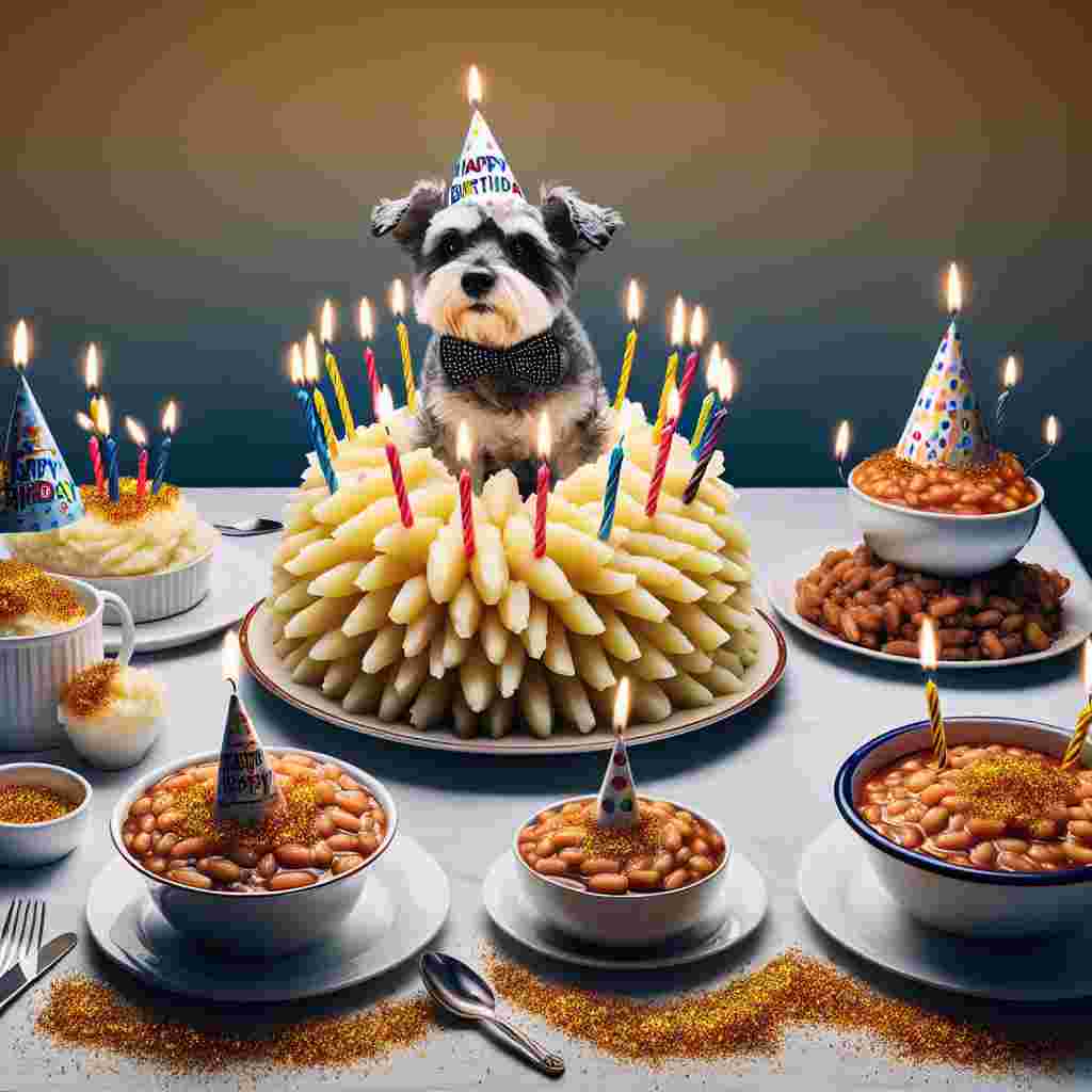 Imagine a humorous, realistically depicted birthday scene where a table is laid out festively with a twist. The main features are comfort-food classics arranged with a birthday touch. The centerpiece is an impressively molded pile of mashed potatoes, with lit candles erratically embedded in the highs and lows. On its flanks are bowls of glistening baked beans, hot and sprinkled with celebratory, eatable glitter. Each bowl is crowned with a party hat, contradicting their typical laid-back nature. A Mini Schnauzer, outfitted in a bow tie and a party hat, energetically zigzags between guests, at times confusing the bean decorations for confetti.
Generated with these themes: Baked beans, Mashed potatoes , and Mini Schnauzer .
Made with ❤️ by AI.