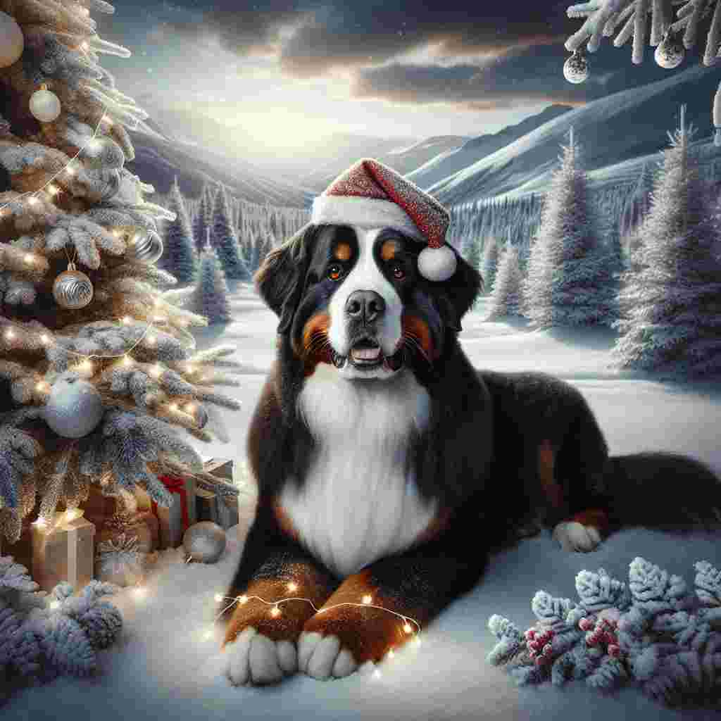 Visualize the centre of a wintry landscape that’s comparable to an enchanting wonderland. A striking Bernese Mountain Dog, with its majestic coat of black, white, and tan hues, sits with a sense of proud composure next to a shimmering Christmas tree. The heavy coat of this beautiful animal glimmers against the canvas of a snowy panorama, and its warm brown eyes glow with the spirit of the holiday season. Delicate festive lights are draped over its sturdy shoulders and a quaint Santa hat is perched at an angle upon its head, introducing a charming note of holiday merriment.
.
Made with ❤️ by AI.