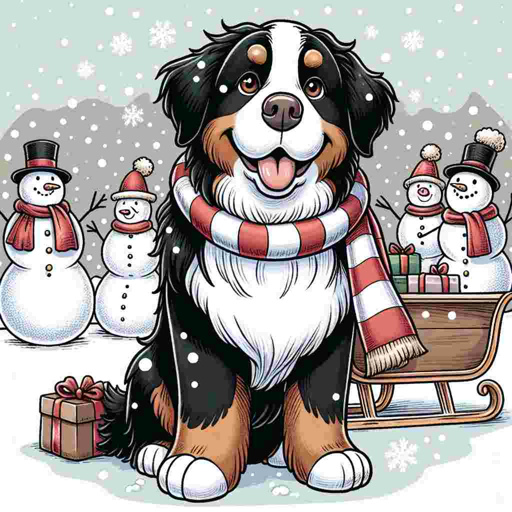 A hand-drawn style image of a cartoon scene set on a clear Christmas Eve. In the foreground, a fully grown Bernese Mountain Dog is standing majestically. It has a jolly red and white scarf wrapped around its neck. The dog's black, white, and tan fur pops up against the chorus of snowmen standing in the background. The dog's brown eyes are filled with joy and glisten, as delicate snowflakes lightly fall and rest on its snout. A whimsical sleigh filled to the brim with wrapped gifts is positioned adjacent to the dog, completing the festive scene.
.
Made with ❤️ by AI.