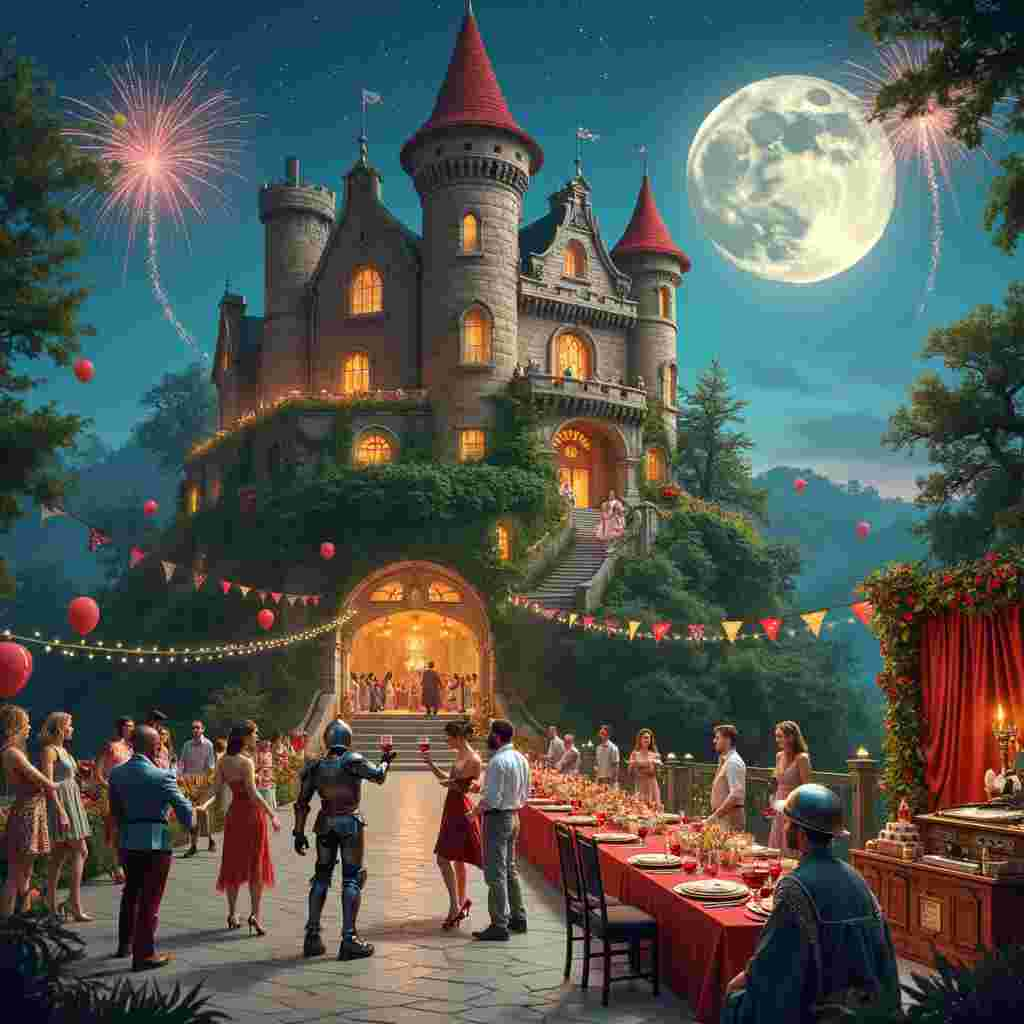 Imagine a whimsical, fairy-tale-like birthday celebration set in a grand, medieval castle perched atop a lush green hill. The scene is brimming with vibrant details and playful characters, each element meticulously interwoven to create a lively and humorous tableau.

At the center of the scene, the castle itself is a towering structure with turrets, drawbridges, and colorful banners fluttering in the wind. The stone walls are intricately decorated with vines and flowers. The castle's grand ballroom, visible through large arched windows, is filled with a jubilant party.

Inside, a group of fashionable, sexy men are the life of the party. These men are dressed in over-the-top, trendy outfits reminiscent of haute couture runway shows, with exaggerated shoulder pads, sequined blazers, and stylish hats. They are all mid-dance, striking poses as if caught in a freeze-frame of a high-energy dance routine. One man is twirling with a glass of red wine held aloft, while another dips his partner dramatically.

The ballroom is adorned with glittering chandeliers, streamers, and balloons. A long banquet table runs along one side, laden with an array of delectable treats and, of course, bottles of fine red wine. The food is a visual feast—towering cakes, platters of fruit, and intricate hors d'oeuvres arranged in artistic patterns.

To one side of the ballroom, a DJ in a medieval jester outfit spins records on a vintage turntable, complete with oversized headphones. The DJ’s booth is draped in rich, velvet fabric and decorated with fairy lights.

Outside the castle, in the foreground, a comical knight in shining armor is attempting to dance. His armor clinks and clanks, and he holds a goblet of red wine in one hand while trying to mimic the stylish men inside. Nearby, a group of fashionably dressed ladies, also holding glasses of wine, are giggling at the knight’s antics.

Above, the night sky is illuminated with fireworks, casting a magical glow over the entire scene. The moon, drawn with a quirky face reminiscent of Winsor McCay’s work, winks down at the festivities.

On a nearby hill, a giant red wine bottle, anthropomorphized with arms and legs, joins the dance, its cork popped and spraying wine like a fountain, adding a touch of surreal humor à la Gary Larson.

Every detail in this scene—from the elaborate fashion to the grandiose castle and the playful characters—comes together to create a richly detailed, humorous, and celebratory image perfect for a birthday card.
Generated with these themes: Red wine, Dancing, Fashion, Sexy men, Castles, and Parties.
Made with ❤️ by AI.