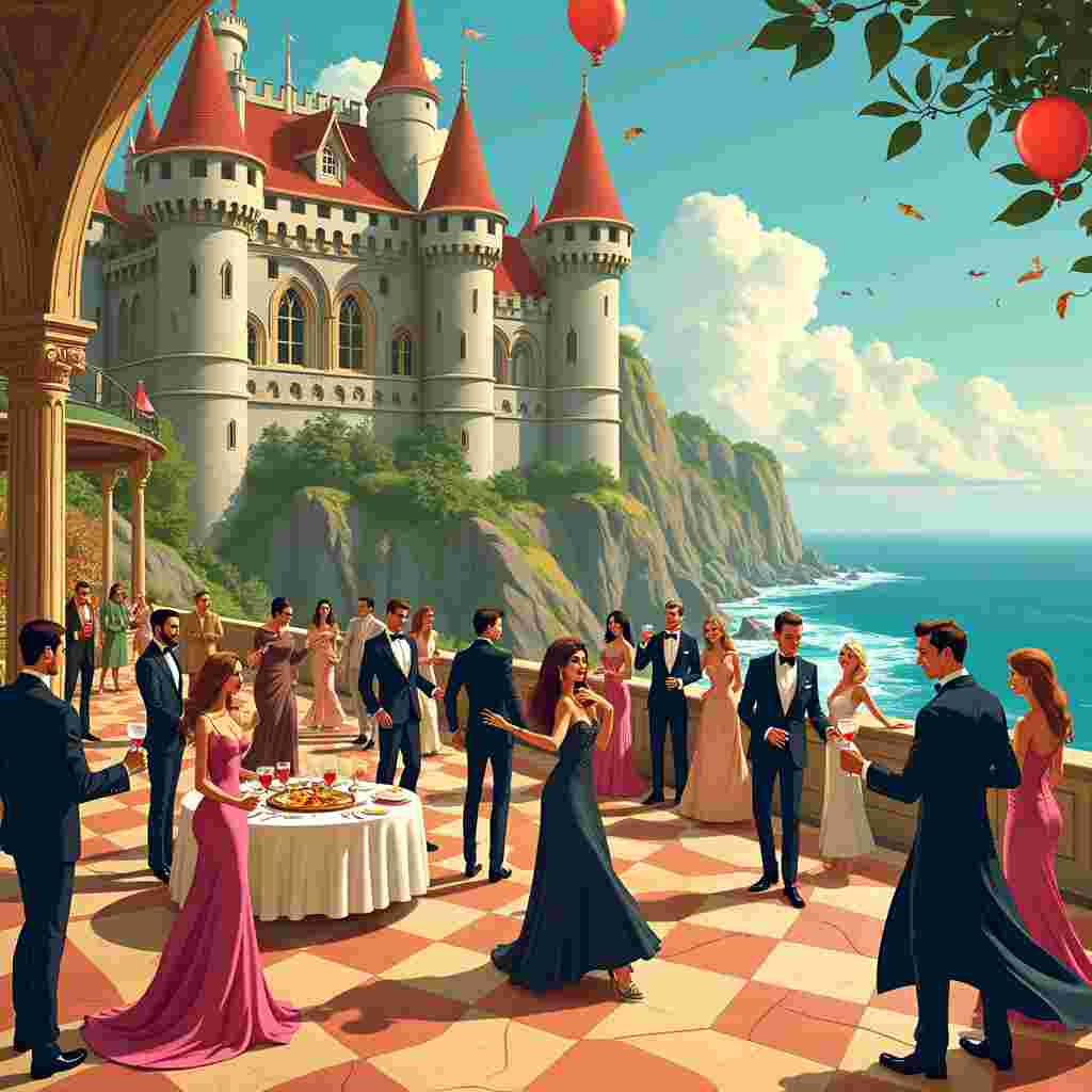 Sure! Here’s the detailed description of the scene for the birthday greeting card front cover:

---

The scene is set at a grand, whimsical castle perched on a cliff overlooking a sparkling ocean, reminiscent of Disney’s enchanting castles but with a twist of medieval eccentricity. In the foreground, there is a lavish, lively birthday party in full swing. The castle's tall spires and turrets are adorned with brightly colored banners and twinkling fairy lights, evoking a celebratory atmosphere.

Center stage, we have a grand ballroom with an enormous glass wall providing a stunning view of the ocean. Inside the ballroom, there's a polished parquet dance floor where cartoon characters, dressed to the nines in the latest high-fashion attire, are dancing exuberantly. Picture stylish tuxedos with bow ties, extravagant ball gowns, and even some avant-garde fashion pieces with exaggerated shoulders and flowing capes. The fashion inspiration should nod to the exaggerated styles found in Osamu Tezuka’s work, combined with the elegance of Will Eisner’s graphic novel characters.

Among the dancers are a group of cartoonishly handsome men with chiseled jawlines, wearing trendy, form-fitting suits with humorous touches – one might have a cape flowing dramatically behind him, another might be twirling a cane in an exaggeratedly sophisticated manner. Think of a playful blend of Bill Watterson’s Calvin and Hobbes' expressive characters and Gary Larson’s The Far Side quirky humor.

In the corner, there’s a grand table set up with an elaborate spread of food and several oversized, exaggerated bottles of red wine. The bottles have intricate labels with whimsical illustrations, similar to R. Crumb's underground comix art style. Guests are toasting and laughing, holding their glasses high. Some are even dancing with their wine glasses, reminiscent of Winsor McCay’s fluid and fantastical movement in Little Nemo in Slumberland.

Adding a fun twist, there’s a caricature of a suave, shirtless knight (a nod to Charles Schulz’s playful yet heroic characters), wearing only a pair of red pants and a billowing cape, attempting to dance with a fashionably dressed princess. She’s twirling, her gown flaring out dramatically, with a mix of Tezuka’s elegance and Hergé’s clear-line style from Tintin.

To the side, there’s a comical scene of a group of cartoon animals, dressed in mini tuxedos and dresses, having their own little party on a smaller table, drawing inspiration from Art Spiegelman’s detailed and anthropomorphic character designs in Maus. One animal, perhaps a dapper dog, is playfully dipping a flustered-looking cat as they dance.

In the background, the castle's stone walls are adorned with humorous portraits and tapestries depicting historic yet whimsical scenes, adding an extra layer of richness to the setting. Each element in this scene is infused with a playful, quirky energy, making it a visually engaging and humorous birthday celebration.

---

I hope this provides a vivid and detailed picture for the artist to create an unforgettable birthday greeting card cover!
Generated with these themes: Red wine, Dancing, Fashion, Sexy men, Castles, and Parties.
Made with ❤️ by AI.