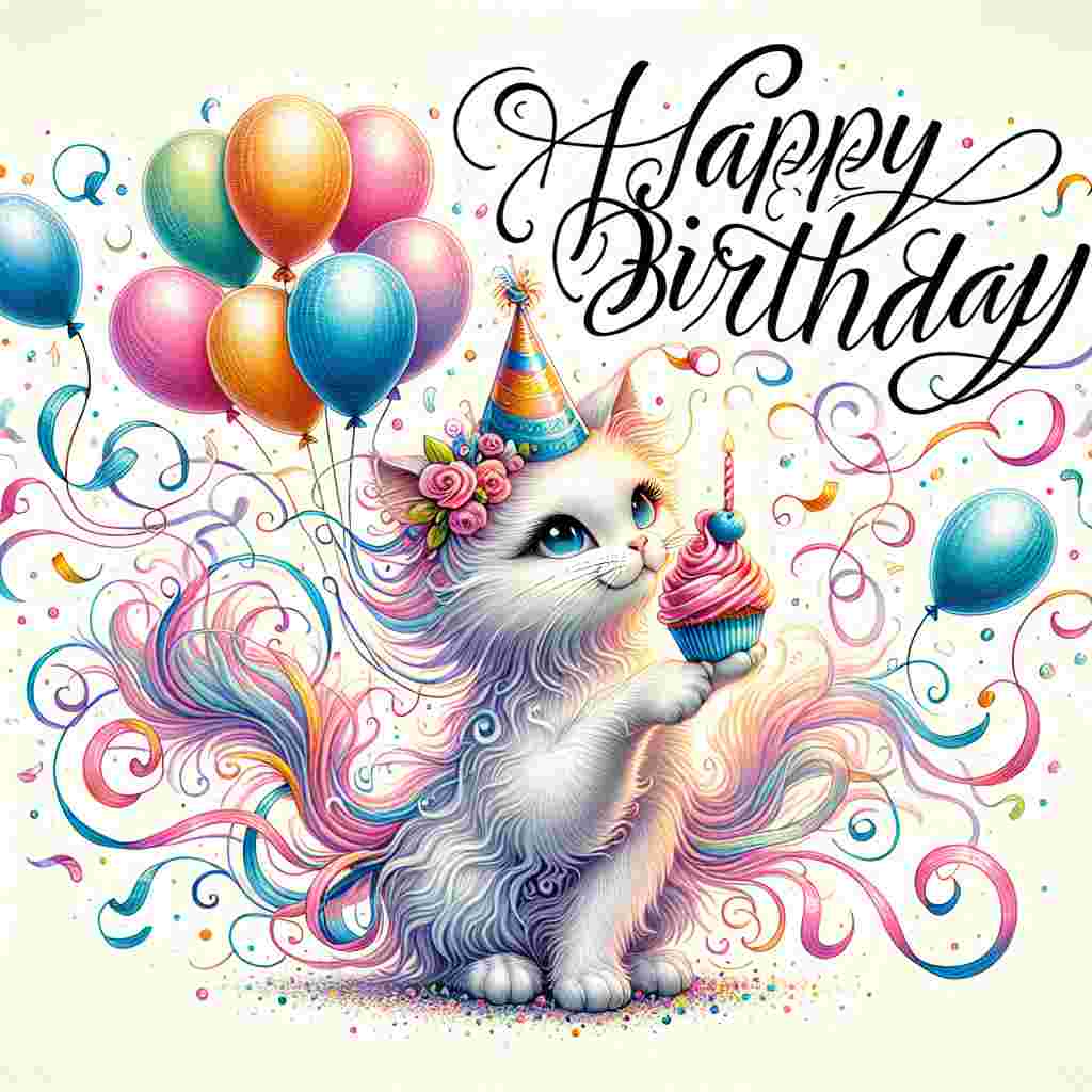 A charming illustration of a Pixie-bob cat wearing a colorful party hat amidst a background of floating balloons and confetti. The cat holds a tiny cupcake in one paw, with the words 'Happy Birthday' written in cheerful, curvy font above its head.
Generated with these themes: Pixie-bob Birthday Cards.
Made with ❤️ by AI.
