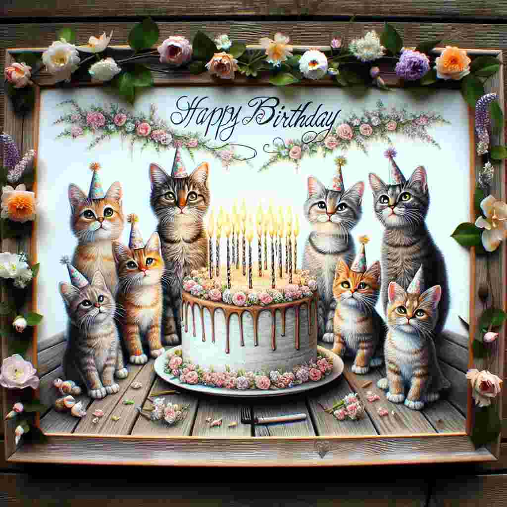 An endearing group of Pixie-bob cats gather around a birthday cake with lit candles on a picnic table, wearing tiny party hats. The scene is framed by a garland of flowers and the words 'Happy Birthday' inscribed above in elegant, flowing script.
Generated with these themes: Pixie-bob Birthday Cards.
Made with ❤️ by AI.