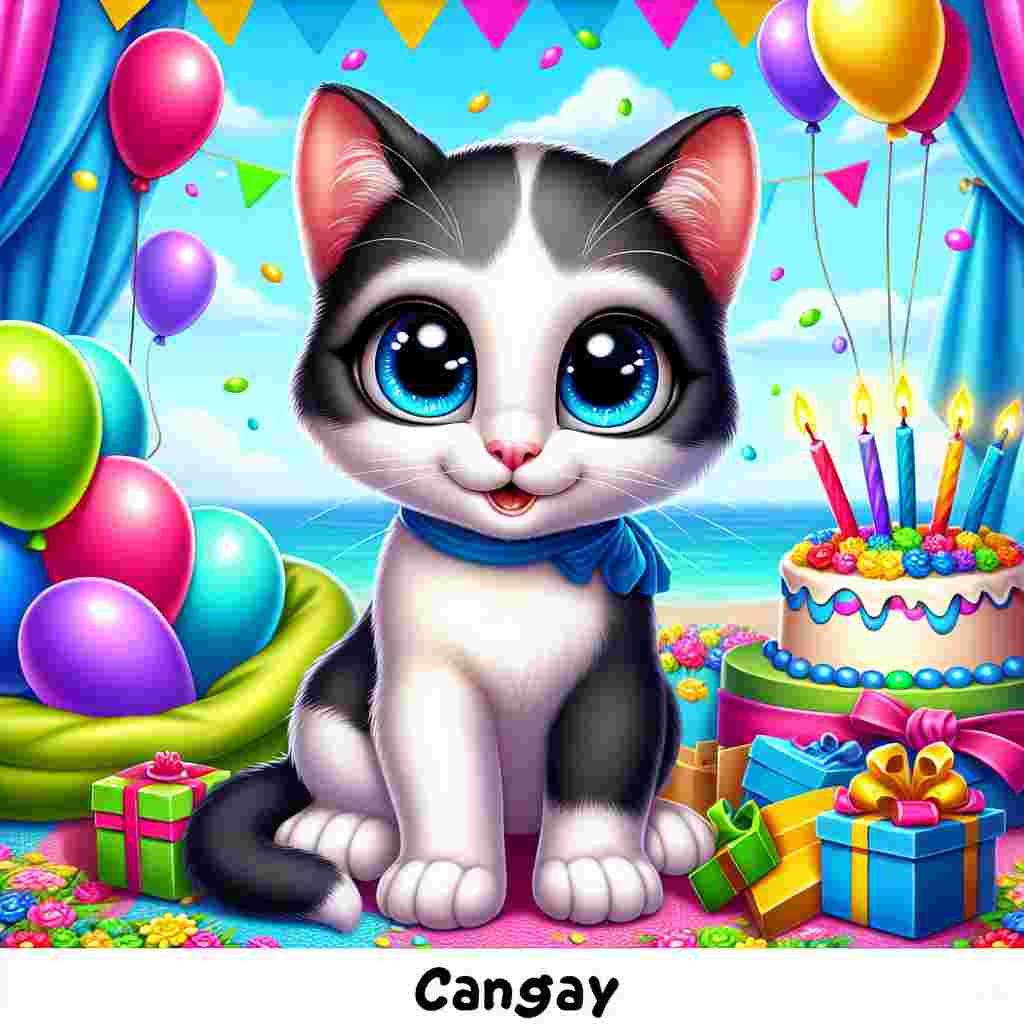 Imagine a playful cartoon scene depicting a birthday celebration. The focus is on a charming Domestic Shorthair kitten, which has a normal build and a distinctly black and white coat. Its vibrant blue eyes shine with mischief, suggesting its playful nature. The setting is vibrant, with many colourful balloons floating around, a cheery birthday banner in the background, and a mound of whimsically wrapped presents enticing the viewer. The entire scene exudes a joyful, festive allure that captures the spirit of a typical birthday party.
.
Made with ❤️ by AI.