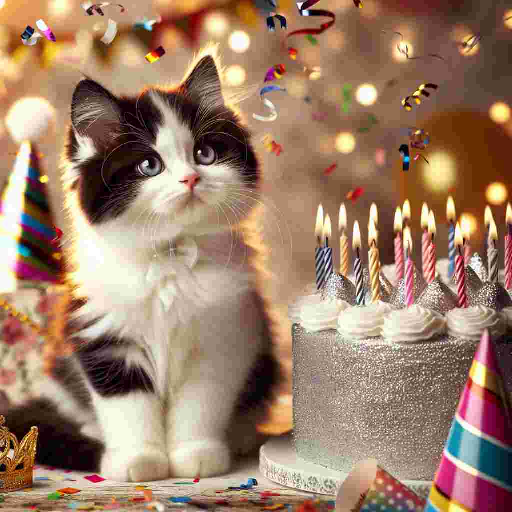 Create an image where the center of attraction is a charming Domestic Shorthair kitten with neatly groomed black and white fur, and enchanting blue eyes. The kitten is in a festive environment adorned with delightful decorations for celebration. The scene reveals an intricately detailed cake adorned with lit candles, positioned close to the kitten. Colorful party hats scattered around, and confetti randomly floating in the air, contributing to the joyous ambiance. All these elements together illustrate a lively and joyful birthday celebration.
.
Made with ❤️ by AI.