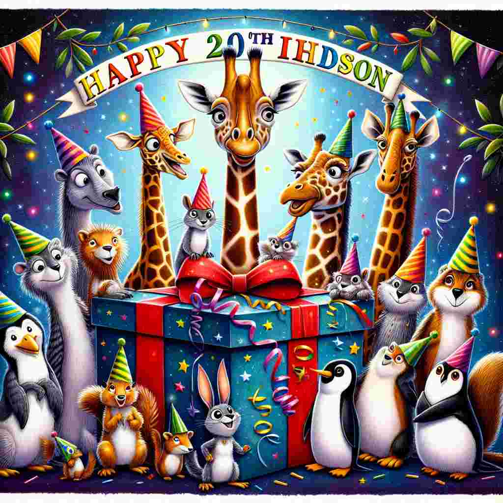 An adorable scene with a group of cartoon animals wearing party hats gathered around a large present box. The text 'Happy 20th, son' is festooned across the top of the box, and a 'Happy Birthday' garland hangs in the background, adding to the festive atmosphere.
Generated with these themes: happy 20th  son.
Made with ❤️ by AI.