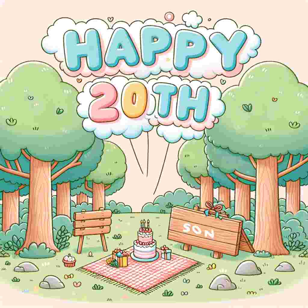 A pastel-colored illustration depicting a whimsical forest with a clearing that has a picnic set-up complete with a birthday cake. The wording 'Happy 20th, son' is engraved on a wooden sign leaning against the tree, and 'Happy Birthday' is spelled out overhead in floating letters made of clouds.
Generated with these themes: happy 20th  son.
Made with ❤️ by AI.