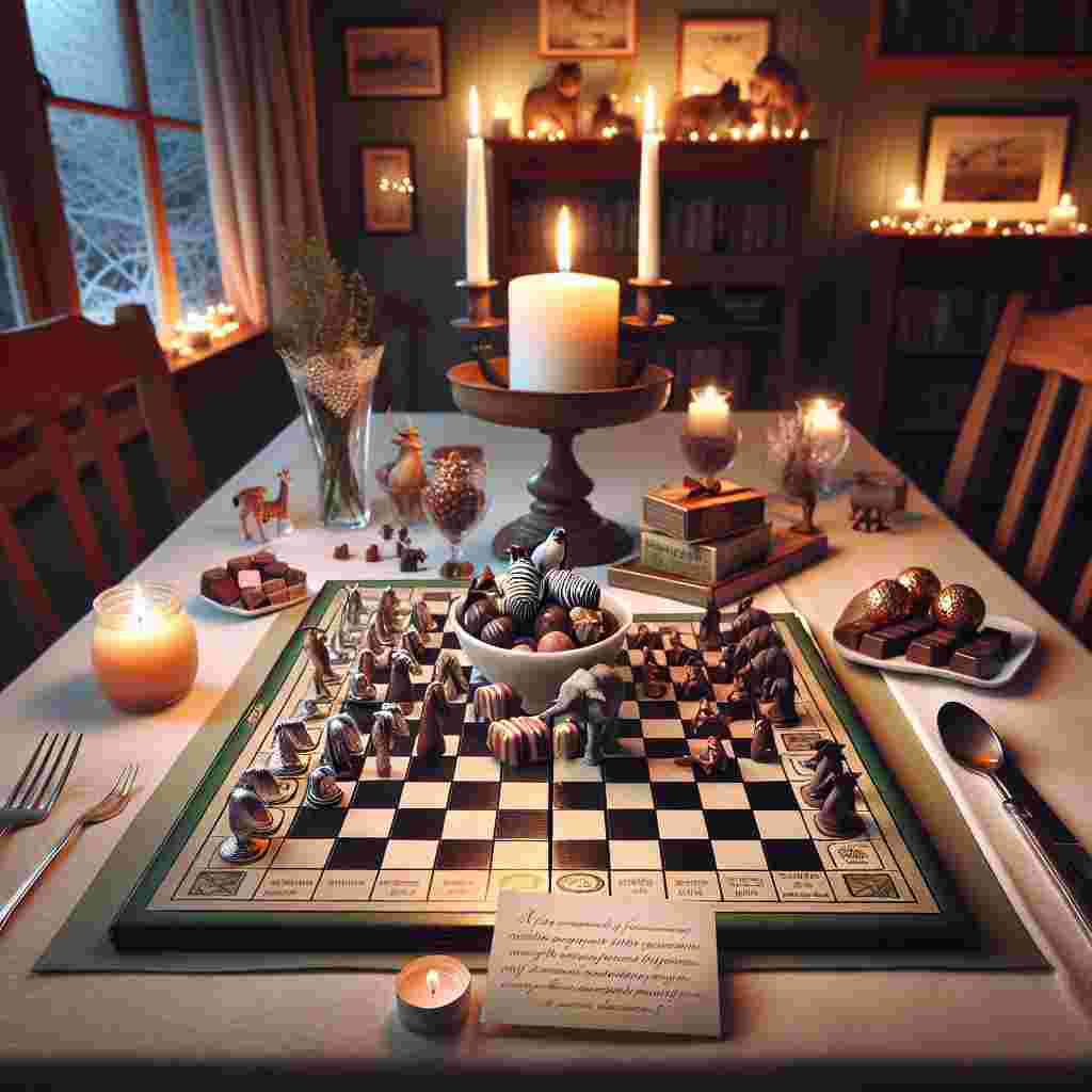 Visualize a heartwarming home-organized anniversary celebration setup. The scene is set in a dining room that's meticulously arranged and prepared for a game night under the soft and tranquil candlelight ambiance. Carefully positioned are an assortment of favorite board games that encourage friendly competition between players. An attractive serving of fine chocolates rests at the center of the table, serving both as an indulgent treat and a fun betting token in games of chance and strategy. Adding to the authenticity of the scene, miniatures of penguins and zebras are used as the unique game pieces, adding a playful cheer and reminiscing a fondly remembered zoo visit.
Generated with these themes: Boardgames , Chocolate , Penguins , and Zebras.
Made with ❤️ by AI.