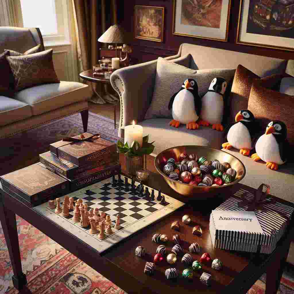 Visualize an intimate and warm room set up for an anniversary celebration. The scene is a merge between a sophisticated style and a gamer's retreat. A small table is put in place, covered in an assortment of board games. The selection ranges from games that require strategic planning to simpler, more leisurely ones, ready for a friendly battle of intellect. A bowl filled with fancy, handmade chocolates is positioned in one corner to offer a lavish and deluxe treat for the day's events. To incorporate wildlife into the atmosphere, various plush toys representing penguins and zebras are scattered throughout the room, serving as both charming decor and playful partners within the games, creating a remarkable contrast of elegance and playfulness.
Generated with these themes: Boardgames , Chocolate , Penguins , and Zebras.
Made with ❤️ by AI.