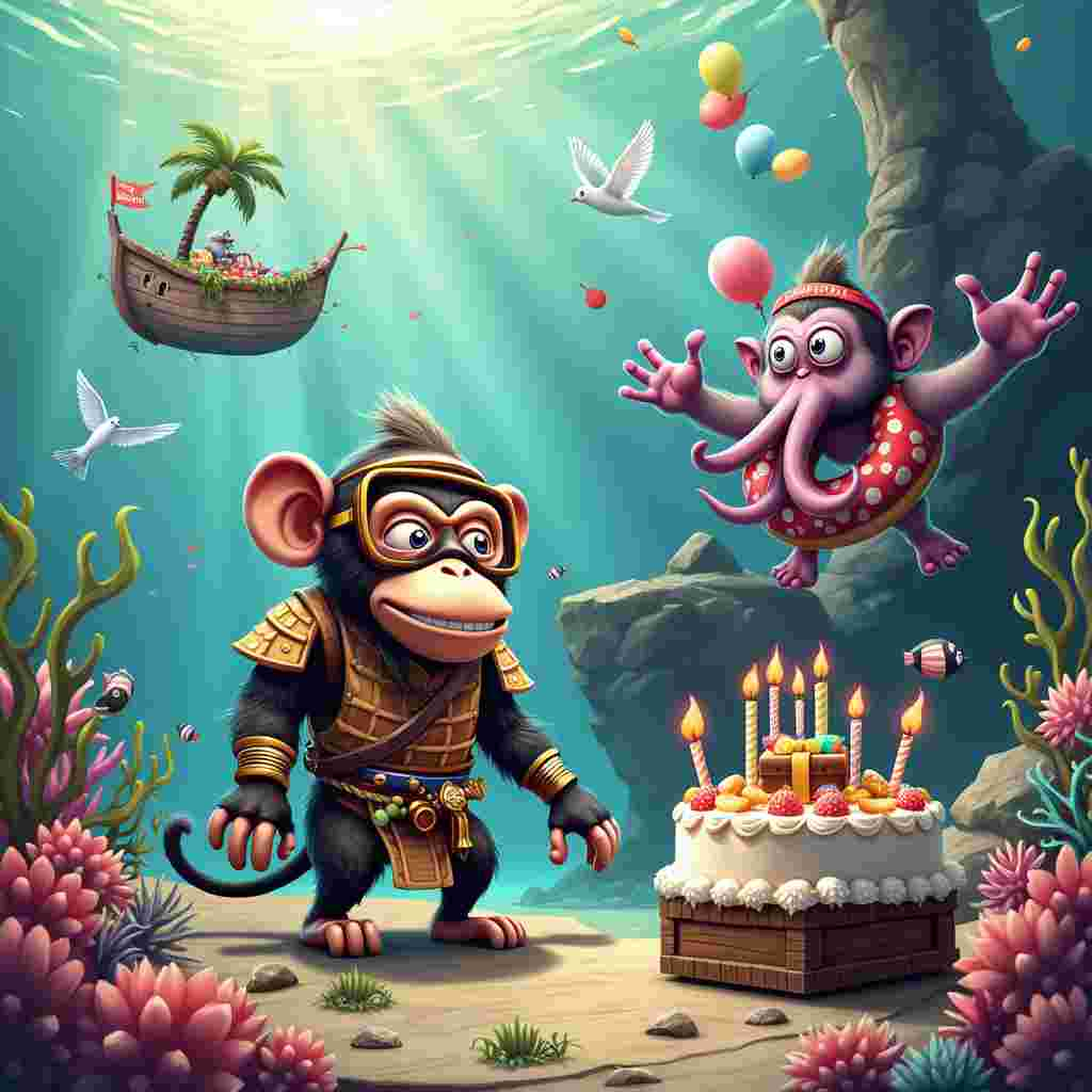 In the center of the scene, a playful monkey, dressed in a traditional samurai outfit complete with a mini katana and an oversized, comically serious expression, is standing on a sunken pirate ship's wooden plank. The monkey's samurai attire is a whimsical blend of traditional samurai armor and tropical flair: a bamboo chestplate adorned with seashells, a coconut helmet, and seaweed tassels. He’s also sporting an oversized, brightly colored snorkel and mask, which are slightly askew on his face, making him look both fierce and goofy.

The sunken pirate ship is tilted to one side, half-buried in vibrant coral reefs and surrounded by schools of colorful, cartoonish fish with exaggerated features and expressive eyes. The planks of the ship are aged and covered in barnacles, with an anchor draped with kelp lying off to one side.

On the left, a scuba diving birthday cake with candles sticking out like they’re sparklers stands on a rock. The cake is decorated with icing corals, sea stars, and a grinning shark fin made of fondant peeking out from the side. The whole cake is wrapped in a ribbon that says "Happy Birthday!" in bright, cheerful letters.

On the right, another monkey, this one wearing a snorkel and swim fins but styled in a comic, clumsy way with mismatched patterns and colors, is floating with an inner tube shaped like a donut. This monkey is holding a treasure chest open, and instead of jewels, it's overflowing with colorful wrapped birthday presents. 

In the background, a giant, cartoon-style octopus with a samurai headband is waving, with a couple of its tentacles holding balloons and another wielding a tiny flag that reads, "Celebrate!"

Above the whole scene, the water’s surface is visible, with rays of sunlight piercing through, creating a dazzling display of light on the underwater elements. The sky is filled with cheerful seagulls, and in the far distance, a tiny island with a single palm tree stands, suggesting a hidden paradise.

This card cover is a vibrant explosion of whimsical elements, merging the themes of monkey mischief, samurai valor, and underwater adventure into a single, lively birthday celebration scene.
Generated with these themes: Monkey, Snorkel, and Samurai.
Made with ❤️ by AI.