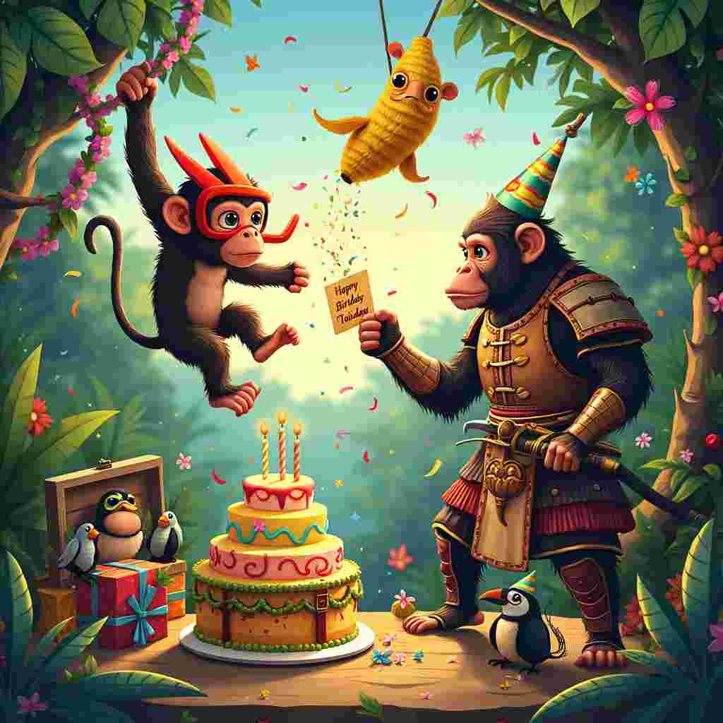 Imagine a bustling, whimsical jungle clearing bathed in the golden light of a tropical sunrise. Dominating the foreground is a hilariously over-the-top birthday bash in full swing. 

To the left, a mischievous monkey wearing a bright red snorkel and mask (comically oversized for its small face) swings from a vibrant, twisted vine. The monkey has just leaped off an enormous, rainbow-colored birthday cake, splashing frosting and scattering candles in every direction. The cake is shaped like a treasure chest, complete with fondant jewels and a marzipan lock.

On the right side of the clearing stands a noble samurai, but there's a twist: it’s another monkey! This samurai monkey, dressed in intricate miniature armor with a bamboo-patterned katana sheathed at its side, strikes a heroic pose. It's holding a giant, decorative birthday card in one paw, and with the other, it's cutting down a banana piñata hanging from a low-hanging branch. The piñata is bursting open with a cascade of confetti and various tropical fruits, such as mangos, pineapples, and, of course, more bananas.

In the background, lush, exotic foliage brimming with colorful tropical flowers and oversized leaves frames the scene. A small, playful toucan with a rainbow beak is perched on a branch above, wearing a tiny party hat and watching the spectacle with wide, curious eyes. Beneath the toucan, a pile of presents wrapped in wild animal-print paper lies next to a tiki-style birthday banner that reads "Happy Birthday" in vibrant, hand-painted letters.

A few smaller animals, like chameleons with party blowers and parrots with streamers, join in the fun, adding to the lively, festive atmosphere. The scene is rich with details, blending humor, adventure, and a touch of the absurd, creating a memorable and unique birthday greeting that draws on the fantastical elements of the artists who inspired it.
Generated with these themes: Monkey, Snorkel, and Samurai.
Made with ❤️ by AI.