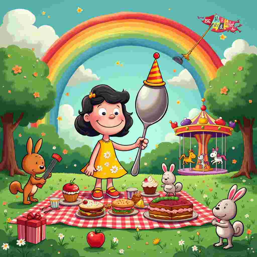 In a whimsical and vibrant birthday greeting card scene, imagine a cartoon world that combines the imaginative elements of Charles Schulz's Peanuts and the visual dynamism of Walt Disney's creations. The central focus is a lively picnic setting in a lush, fantastical park under a sparkling rainbow that arches gracefully across a sky filled with fluffy clouds.

At the heart of the scene, a quirky duo—a cheerful sister and her playful spoon—take center stage. The sister, wearing a bright yellow dress adorned with cartoonish daisies, has large, expressive eyes and a beaming smile reminiscent of classic Disney characters. She is sitting on a large, red-checkered picnic blanket spread out on vibrant green grass, filled with an assortment of exaggeratedly large and colorful picnic items.

To her side, her faithful companion—a comically large, anthropomorphic spoon—stands proudly. The spoon has a shiny, silver body, a face with big, friendly eyes, and a broad, goofy grin. The spoon is wearing a small, jaunty party hat tilted to one side, adding to the festive feel.

Around them, the picnic scene is filled with humorous and whimsical details inspired by Gary Larson's The Far Side. There are dancing cupcakes with tiny legs and arms, a talking sandwich having a conversation with a giggling apple, and a jug of lemonade serenading them with a guitar.

In the background, under the rainbow, you can see other playful elements like a tree with a tire swing, where a cartoon squirrel is swinging joyfully. A mischievous bunny is seen hopping around, carrying a tiny flag that reads "Happy Birthday, Sis!" in colorful, balloon-like letters. Birds with musical notes flutter around, adding a lively touch to the scene.

Further in the distance, a small, old-fashioned carousel, inspired by the works of Winsor McCay, spins slowly, with animals like zebras, giraffes, and unicorns as its seats, each holding a tiny gift-wrapped present.

Every element in the scene is vibrant, lively, and bursting with cartoonish charm, ensuring that the card not only tells a quirky and heartwarming story but also provides endless details for the viewer to discover and enjoy.
Generated with these themes: Sister, Spoon, and Rainbow.
Made with ❤️ by AI.