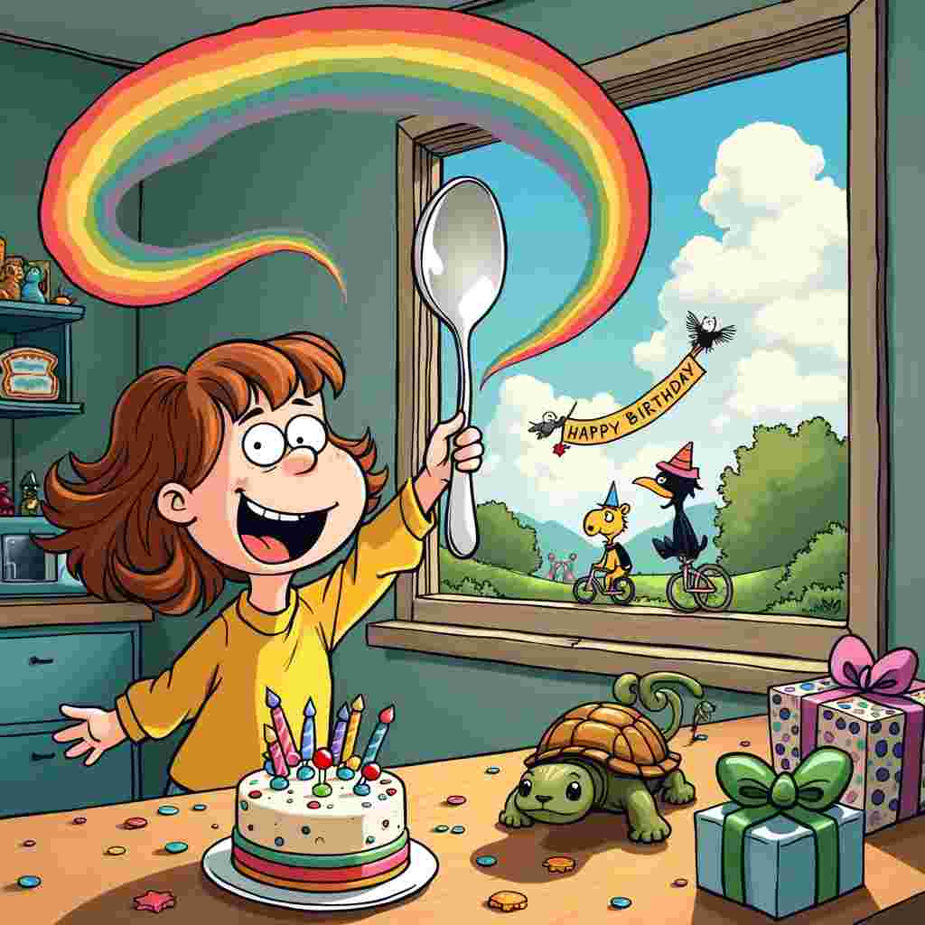 The front cover of this birthday card is an exuberant splash of whimsy and humor, blending the surreal with everyday charm. In the foreground, there is a mischievous sister, depicted with exaggerated cartoonish features—large, expressive eyes and a wide, toothy grin—resembling a delightful hybrid of Schulz's Peanuts characters and Watterson’s Calvin and Hobbes. She is holding an oversized, sparkling silver spoon triumphantly in the air, like a superhero wielding their mighty weapon.

The spoon itself has a life of its own, its polished surface catching the light in a way that makes it almost magical. At the tip of the spoon, a vibrant rainbow arcs beautifully across the scene, reminiscent of Disney's vibrant color palette and Tezuka's dynamic compositions. The rainbow isn’t just a backdrop; it's interactive and whimsical, winding through the elements in the card. 

Behind the sister, the setting is a fantastical kitchen scene straight out of a Larson Far Side comic. Quirky details abound: A toaster popping out rainbow-colored toast, a cheerful fridge covered in wacky, animal-shaped magnets (think giraffes, elephants, and penguins with funny hats), and a table set for a party. The table, inspired by McCay's detailed environments, is strewn with colorful birthday confetti, an oversized cake with multicolored layers peeking from under a glass dome, and presents wrapped in bright, polka-dotted paper with oversized bows.

Further in the background, a window frames a delightful exterior: a garden where comical creatures—combining elements of Spiegelman's anthropomorphic genius and Hergé's attention to detail—are participating in a joyous parade. You see a turtle with balloons tied to its shell, a cat wearing a party hat and riding a unicycle, and birds flying in formation carrying a banner that reads "Happy Birthday!"

Above this delightful chaos, the sky is a canvas of exaggerated hues, with fluffy clouds shaped like animals and whimsical objects, taking a page from Eisner's imaginative scenery. The rainbow that starts from the sister's spoon arches over the entire scene, connecting everything with a burst of color, and ends in a pot of glittering gold, just outside the window.

This card tells a story of a playful and imaginative birthday celebration, filled with quirky, humorous elements that tie the sister, spoon, and rainbow themes into a cohesive, vibrant scene that captures the eye and delights the mind.
Generated with these themes: Sister, Spoon, and Rainbow.
Made with ❤️ by AI.