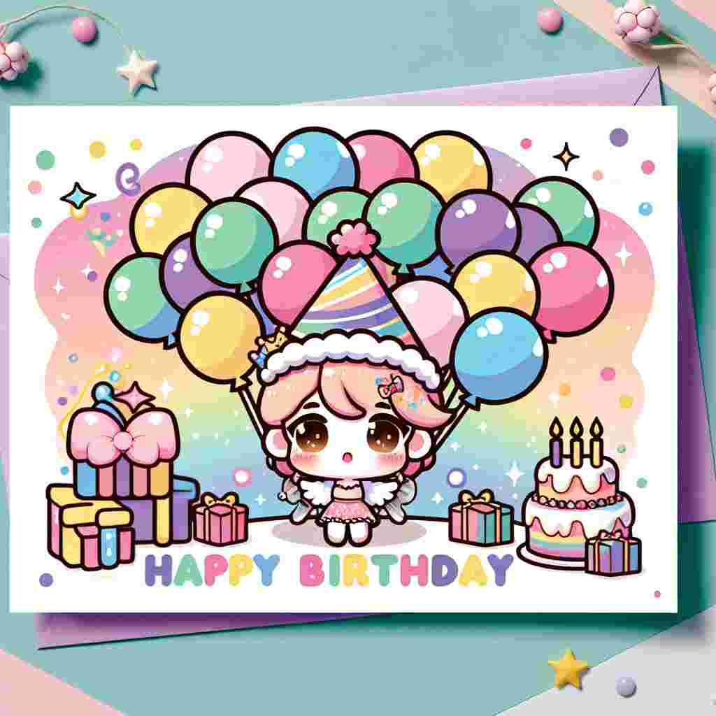 A vibrant birthday card features a chibi-style anime character in a party hat, clutching a bunch of colorful balloons. The character is surrounded by a pastel landscape, with a cake and presents at their feet. Above the scene, in bubbly anime font, reads 'Happy Birthday'.
Generated with these themes: anime  .
Made with ❤️ by AI.