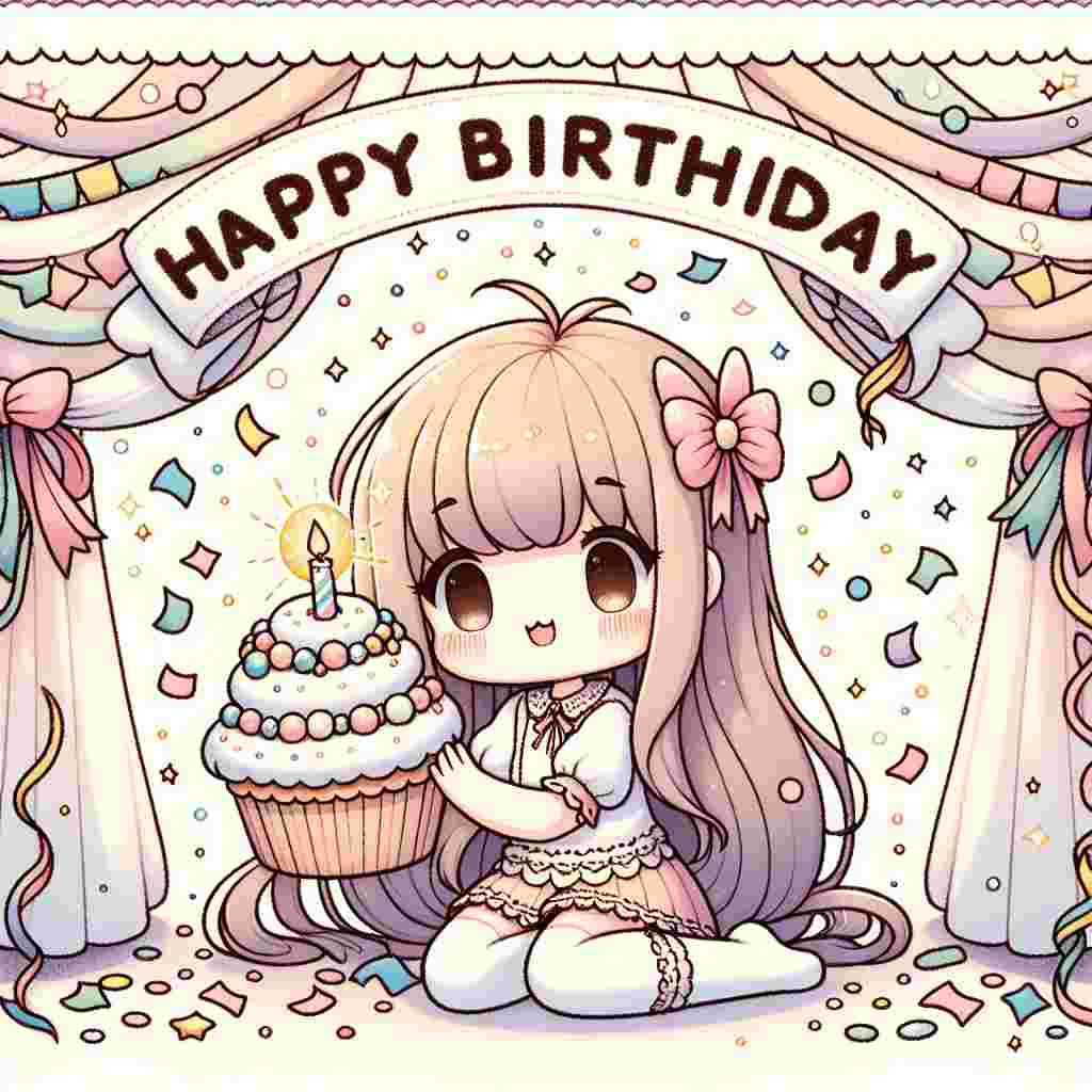 In this soft-hued illustration, a kawaii anime girl sits amidst a burst of confetti, holding a cupcake with a single candle. Streamers drape in the background and the cheerful 'Happy Birthday' message arches overhead in a whimsical, cartoonish typeface.
Generated with these themes: anime  .
Made with ❤️ by AI.
