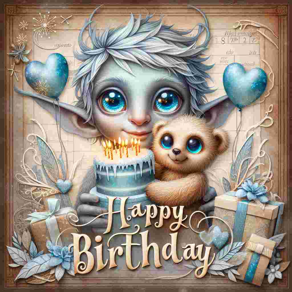 A dreamy scene depicts an anime character with oversized, sparkling eyes, hugging a plush birthday bear. Gently rendered gifts and a frosted cake with lit candles adorn the background. 'Happy Birthday' is whimsically scripted above, intertwined with floating heart balloons.
Generated with these themes: anime  .
Made with ❤️ by AI.