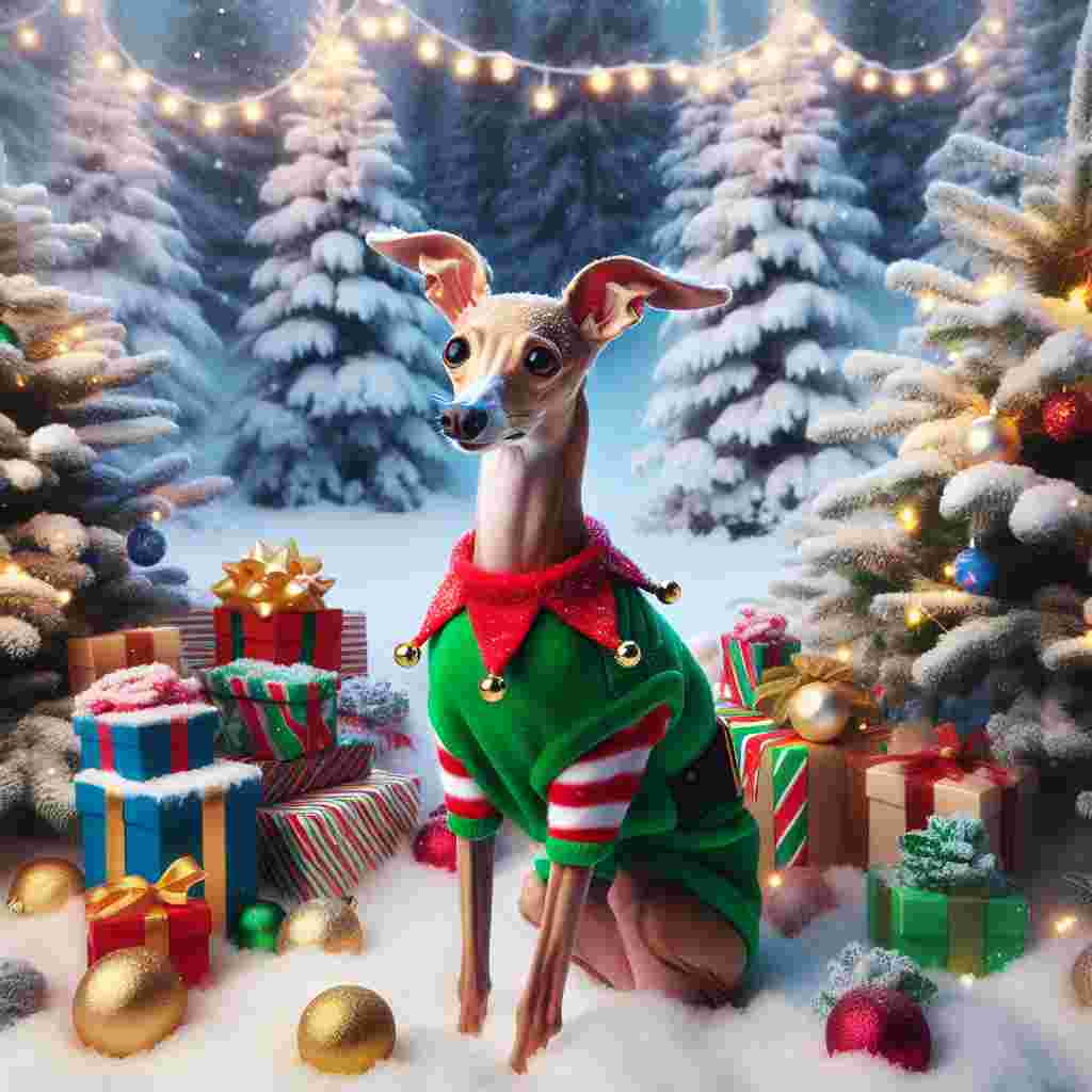 Depict a whimsical winter wonderland scene where a slender-built Italian Greyhound of fawn coat color takes center stage, standing out beautifully against the frosty, snow-covered terrain. Create an atmosphere of Christmas cheer with all the trimmings: decorated pine trees draped with twinkling lights and baubles, multicolored presents piled high, and soft, gently falling snowflakes adding a serene touch to the scene. Dress the dog up in a fanciful elf costume that includes pointy ears, adding a delightful, whimsical twist to the image. Ensure the dog's eyes are lit up with joy, reflecting the blissful, celebratory holiday spirit.
.
Made with ❤️ by AI.