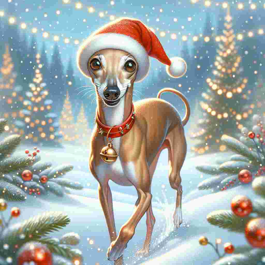 Illustrate a scene capturing the festive spirit of Christmas. Within this snowy landscape, a slender adult Italian Greyhound dog with a glossy fawn coat merrily prances. The dog is adorned with a little Santa hat and a red collar, both of which are jingling with holiday bells. The dog's eyes effuse a warmth that resonates with the surrounding environment, which is aglow with twinkling lights and adorned with evergreen trees. There's a sense of enchantment and joy in every detail that collectively echoes the holiday cheer.
.
Made with ❤️ by AI.