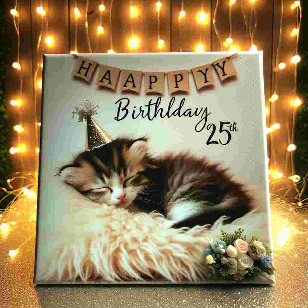 An enchanting scene featuring a sleepy kitten curled up on a pillow, with a tiny party hat on its head and a small banner beside it showcasing the number '25th'. Behind, a wall is adorned with twinkling fairy lights and the hand-written words 'Happy Birthday'.
Generated with these themes: 25th  .
Made with ❤️ by AI.