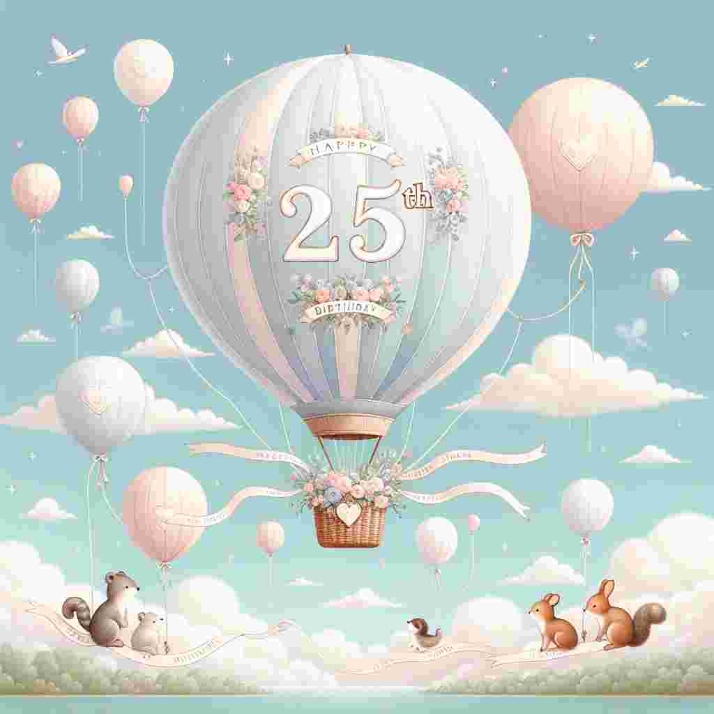 A picturesque illustration of a pastel-colored hot air balloon with '25th' on the basket, soaring amongst the clouds. Adorable woodland creatures fly smaller balloons alongside, with all of them trailing a banner that reads 'Happy Birthday' in flowery script.
Generated with these themes: 25th  .
Made with ❤️ by AI.
