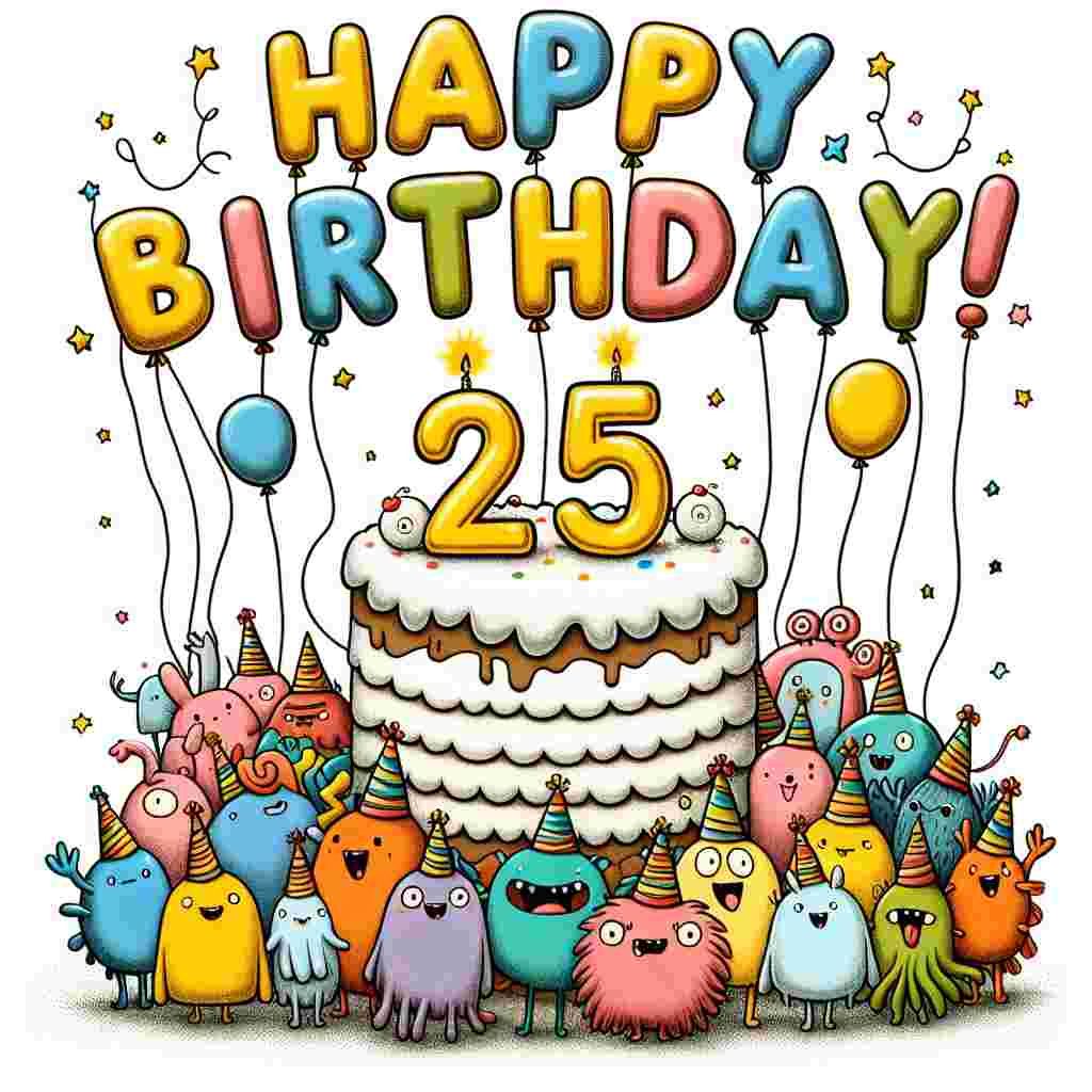 A whimsical drawing depicts a festive birthday cake with '25th' written in icing on the top layer, surrounded by a parade of cartoon animals wearing party hats. Above the scene floats the phrase 'Happy Birthday' in cheerful, balloon-like letters.
Generated with these themes: 25th  .
Made with ❤️ by AI.
